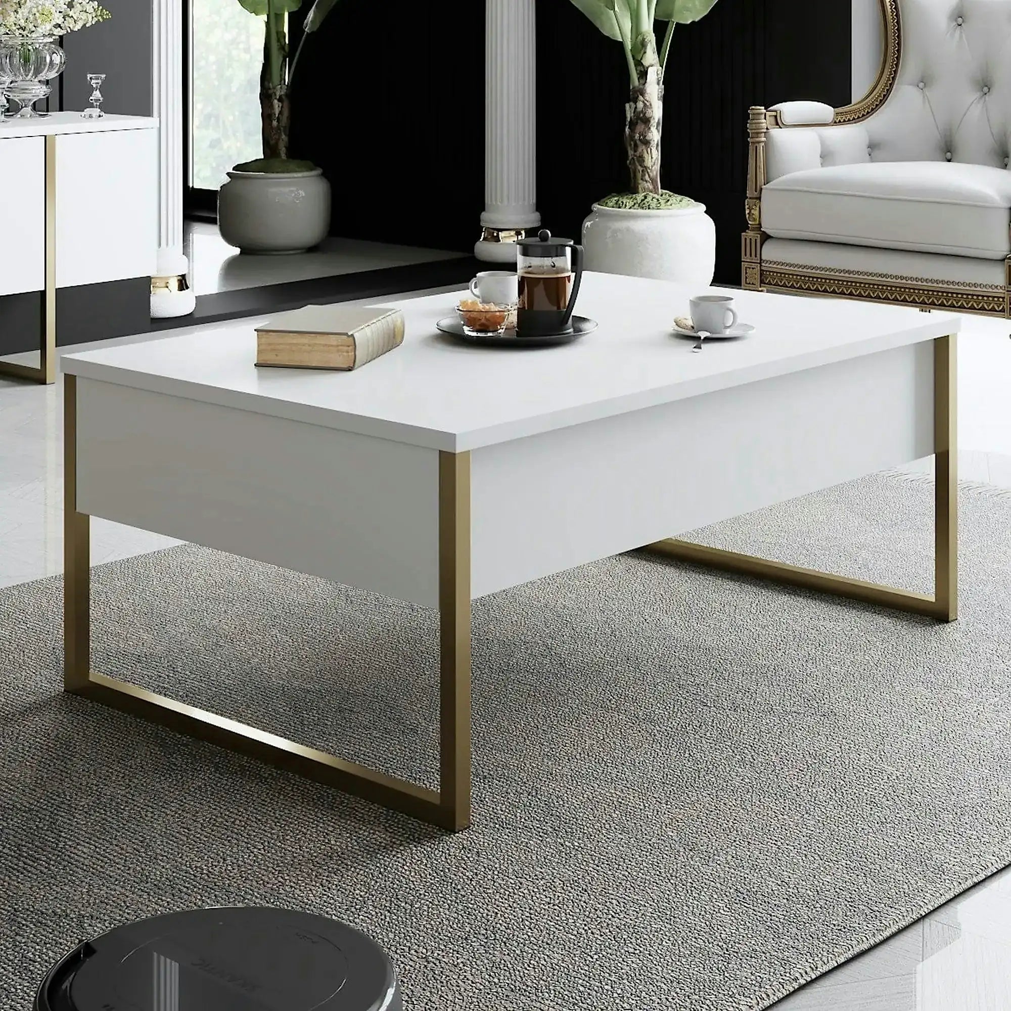 Masuta cafea Luxe, alb/auriu, PAL/metal, 90x60x40 cm