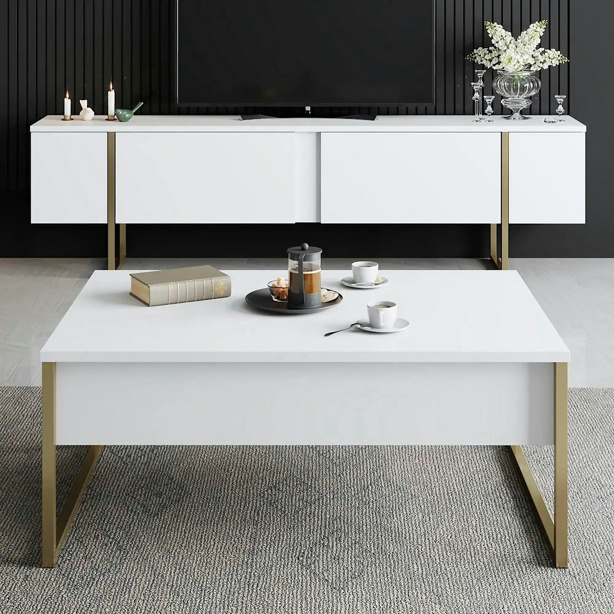 Masuta cafea Luxe, alb/auriu, PAL/metal, 90x60x40 cm