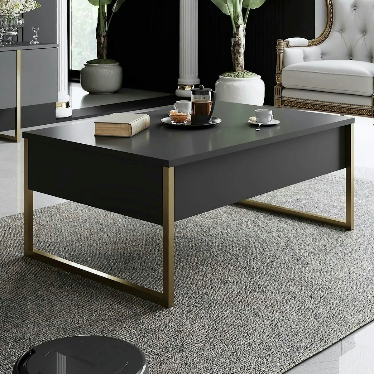 Masuta cafea Luxe, gri antracit/auriu, PAL/metal, 90x60x40 cm