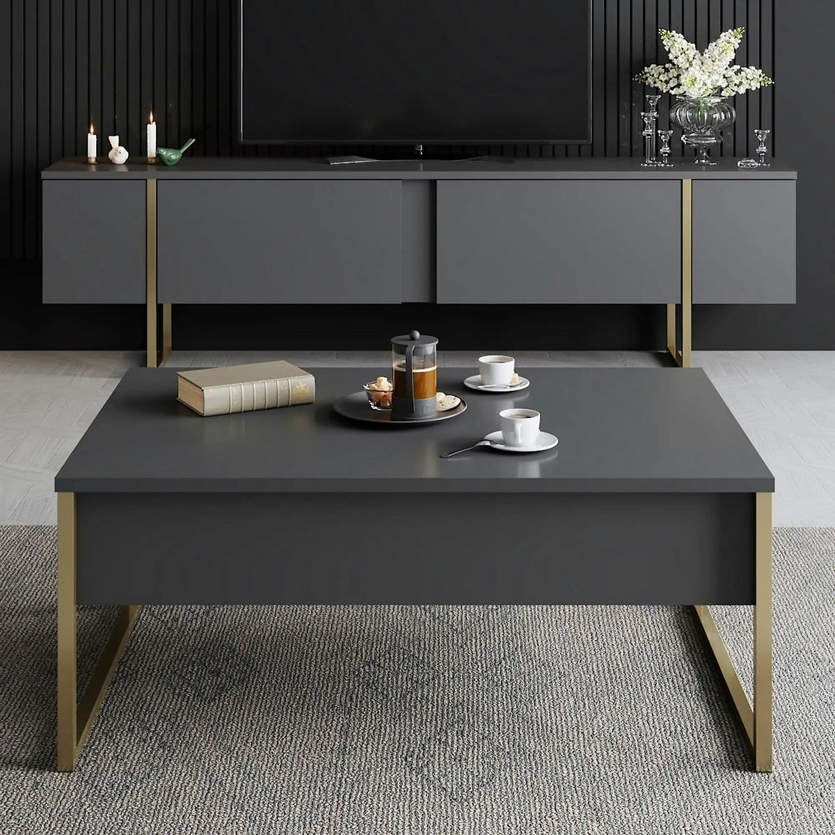 Masuta cafea Luxe, gri antracit/auriu, PAL/metal, 90x60x40 cm