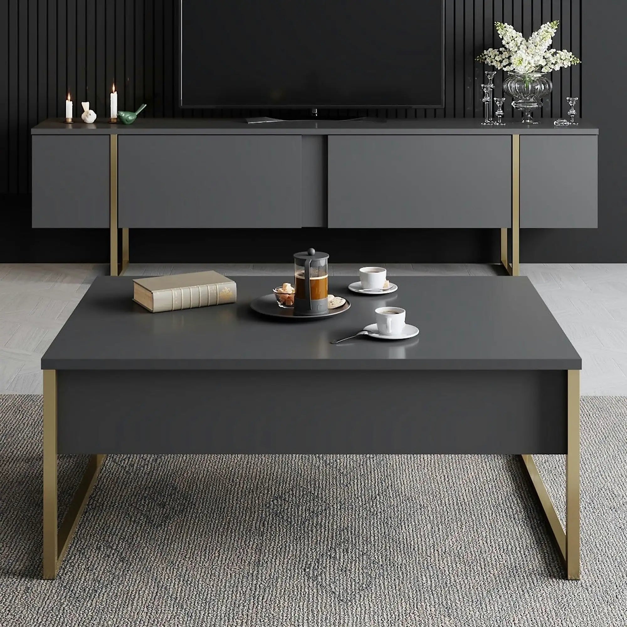 Masuta cafea Luxe, gri antracit/auriu, PAL/metal, 90x60x40 cm