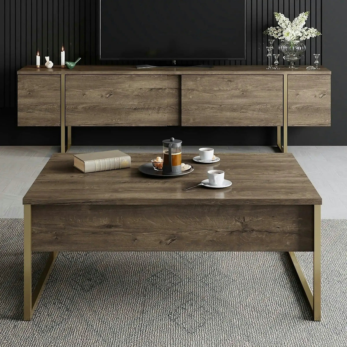 Masuta cafea Luxe, nuc/auriu, PAL/metal, 90x60x40 cm