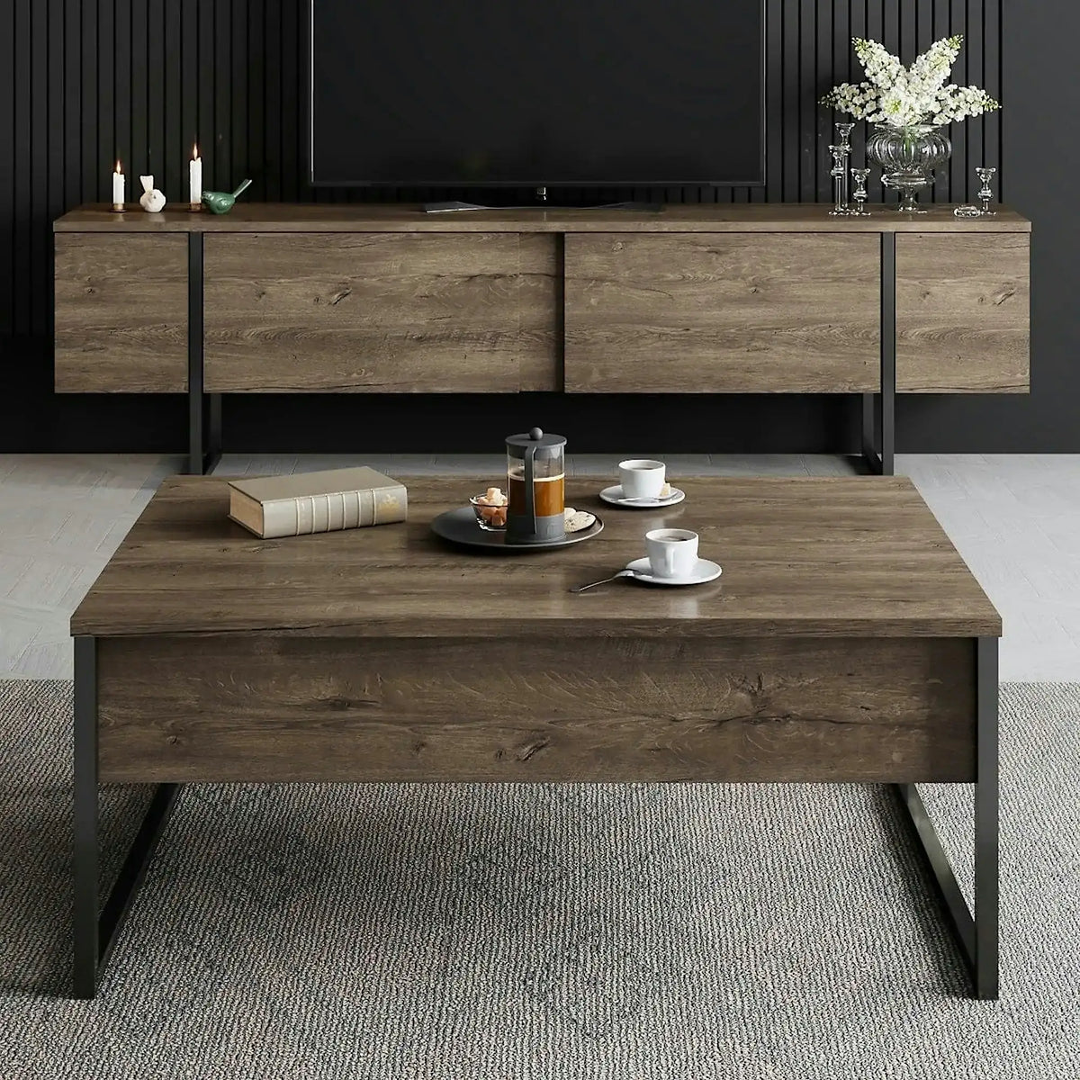 Masuta cafea Luxe, nuc/negru, PAL/metal, 90x60x40 cm