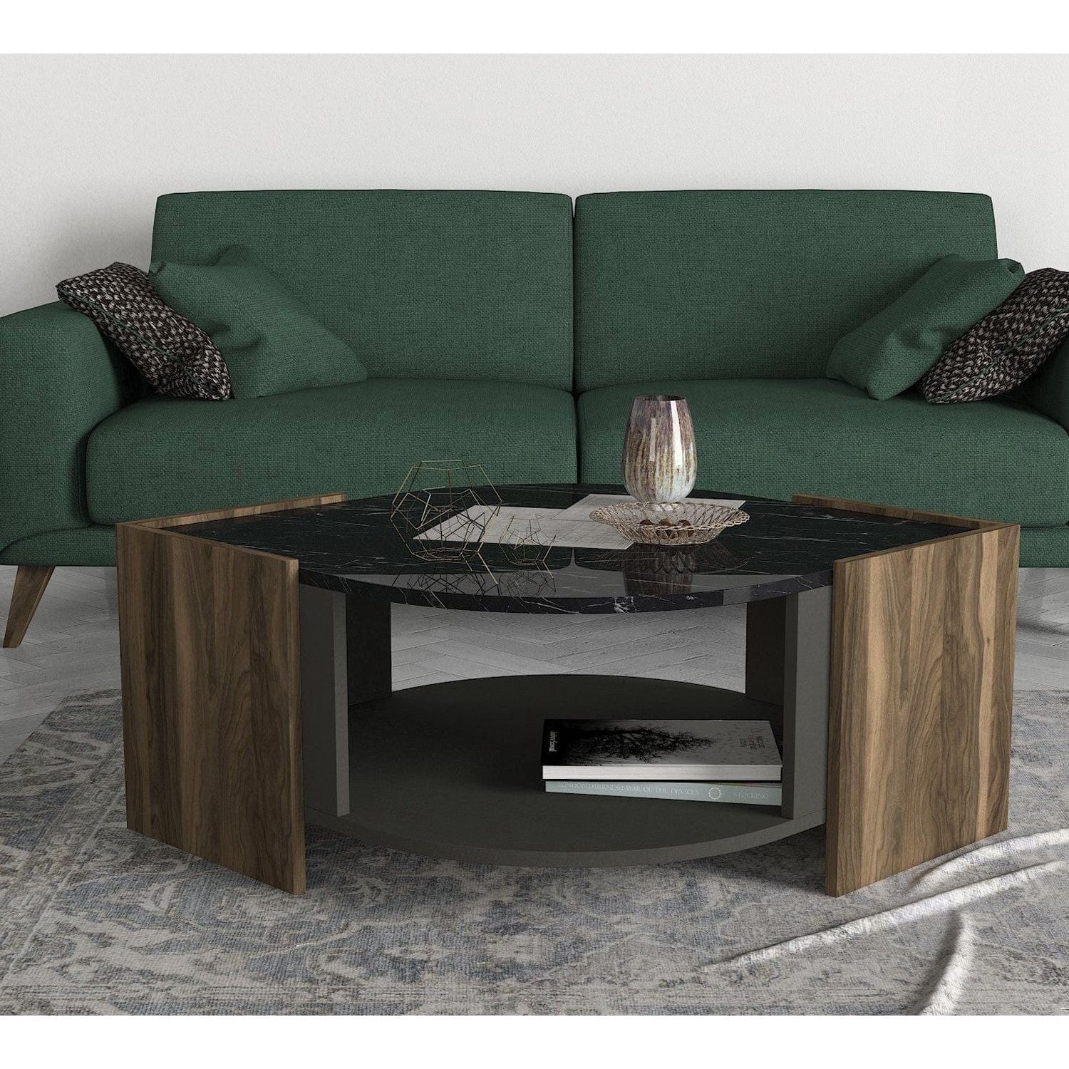 Masuta cafea MARBEL, negru cu efect de marmura/nuc, PAL melaminat, 75x75x40 cm