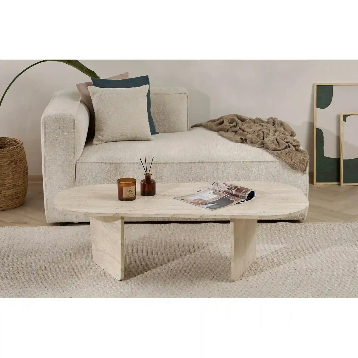 Masuta cafea OVALIS, travertin, PAL, 130x65x40 cm