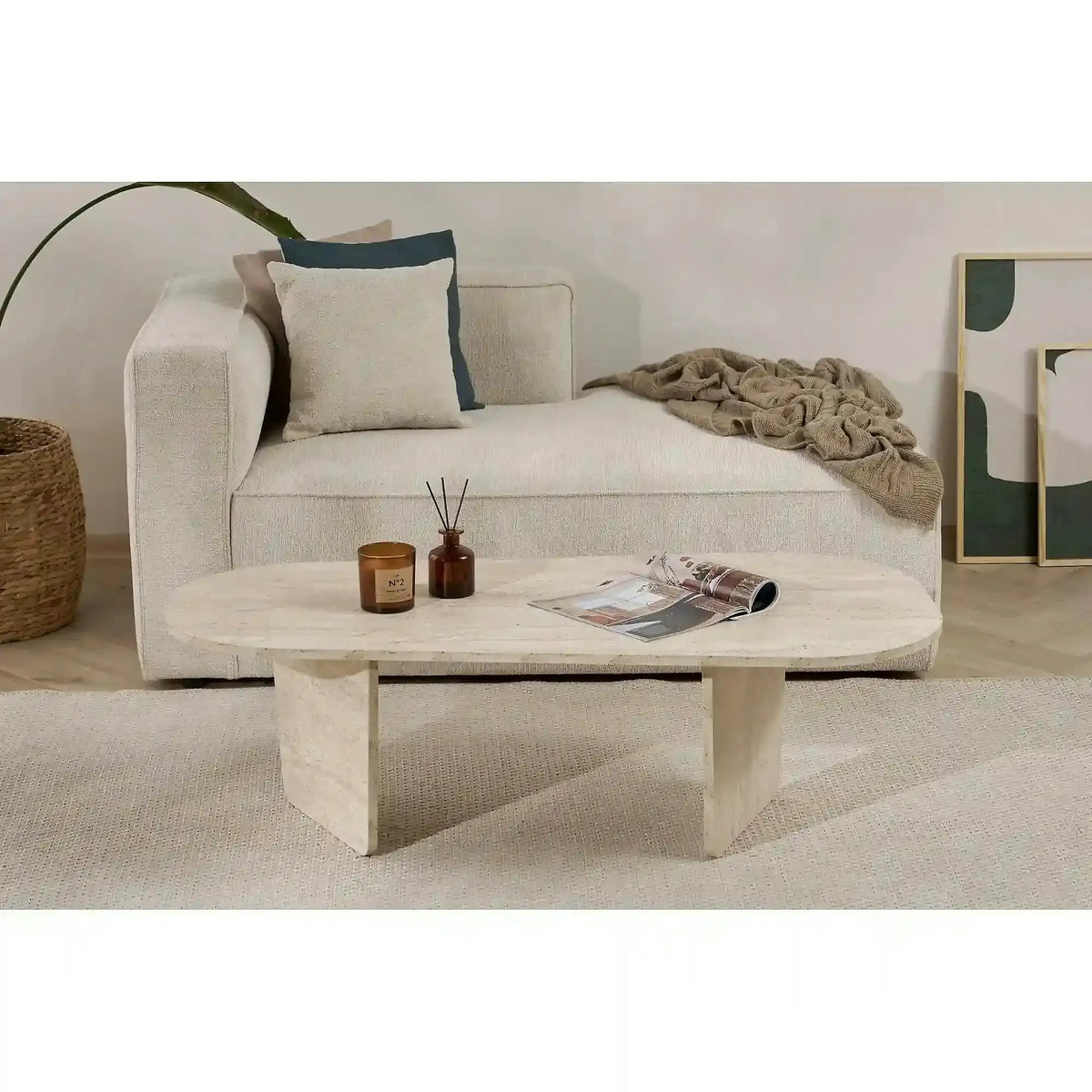 Masuta cafea OVALIS, travertin, PAL, 130x65x40 cm