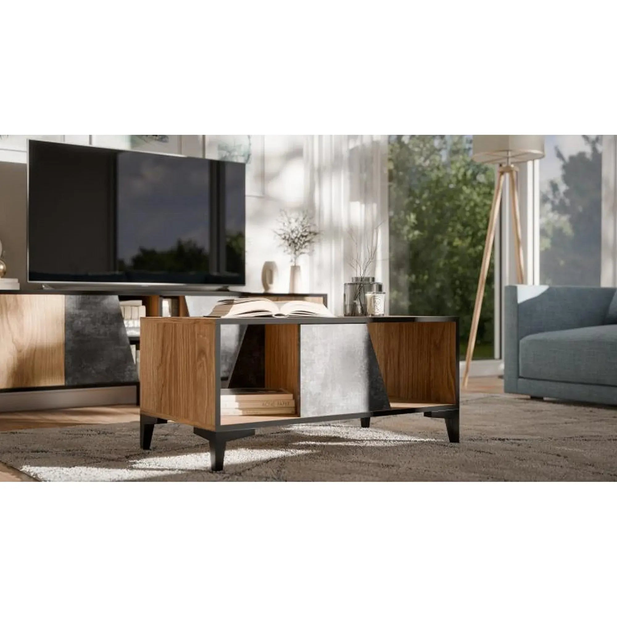 Masuta cafea OVO, gri beton/stejar, PAL laminat/plastic, 90x50x39 cm