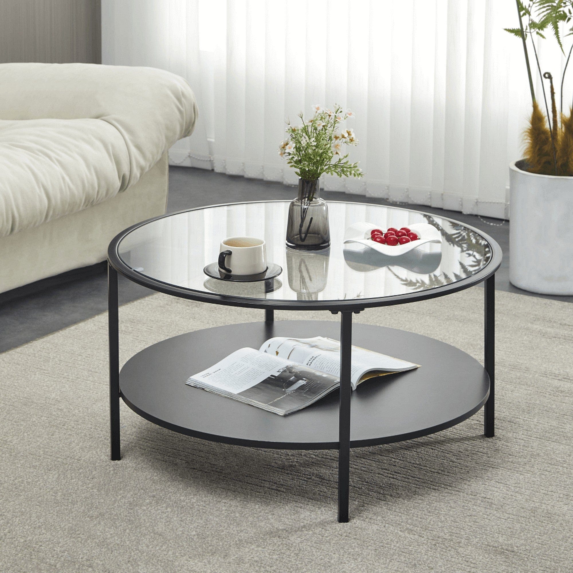 Masuta cafea PARLAN, transparent/negru, sticla/metal, 80x43 cm
