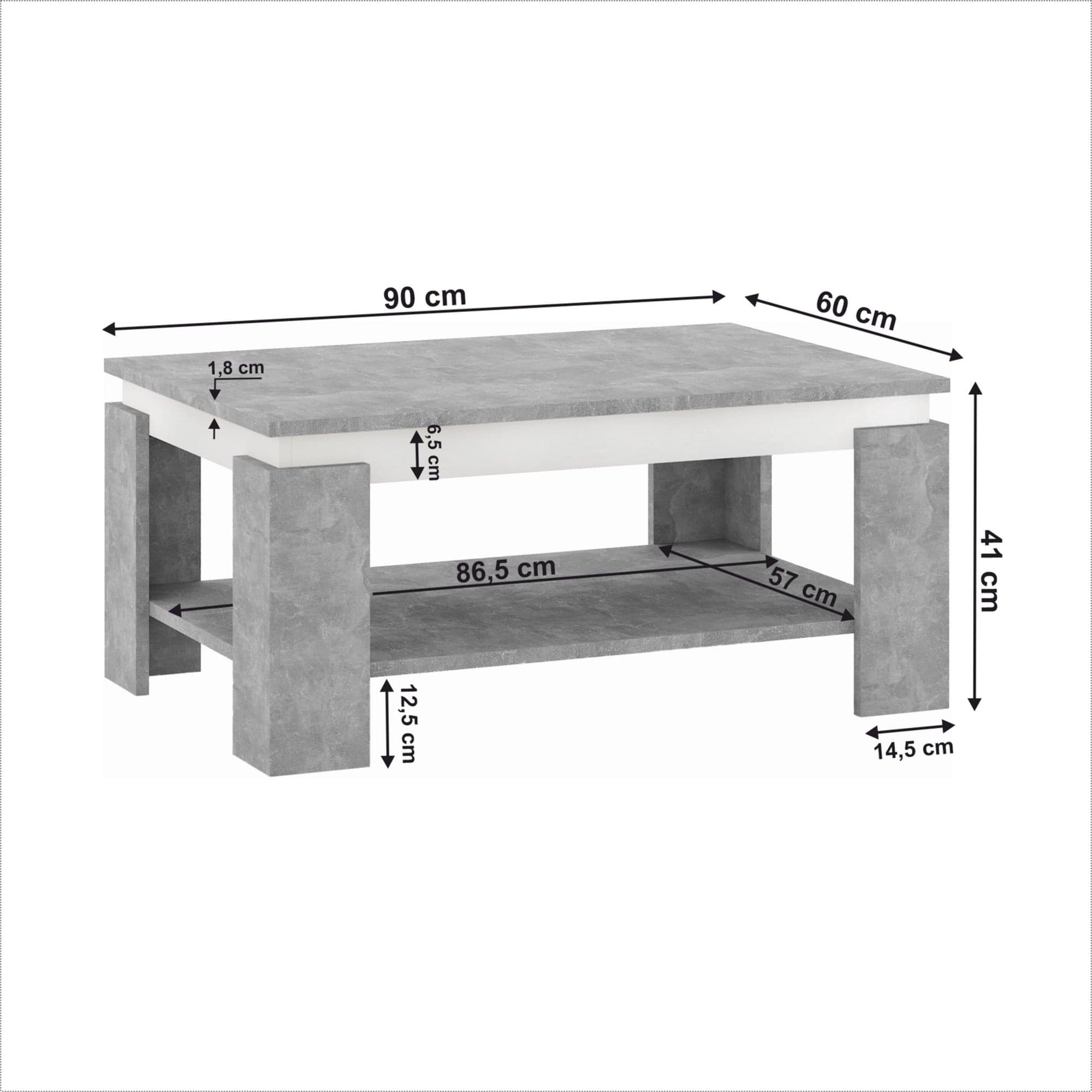 Masuta cafea PIANI, gri beton/alb, 90x60x41 cm