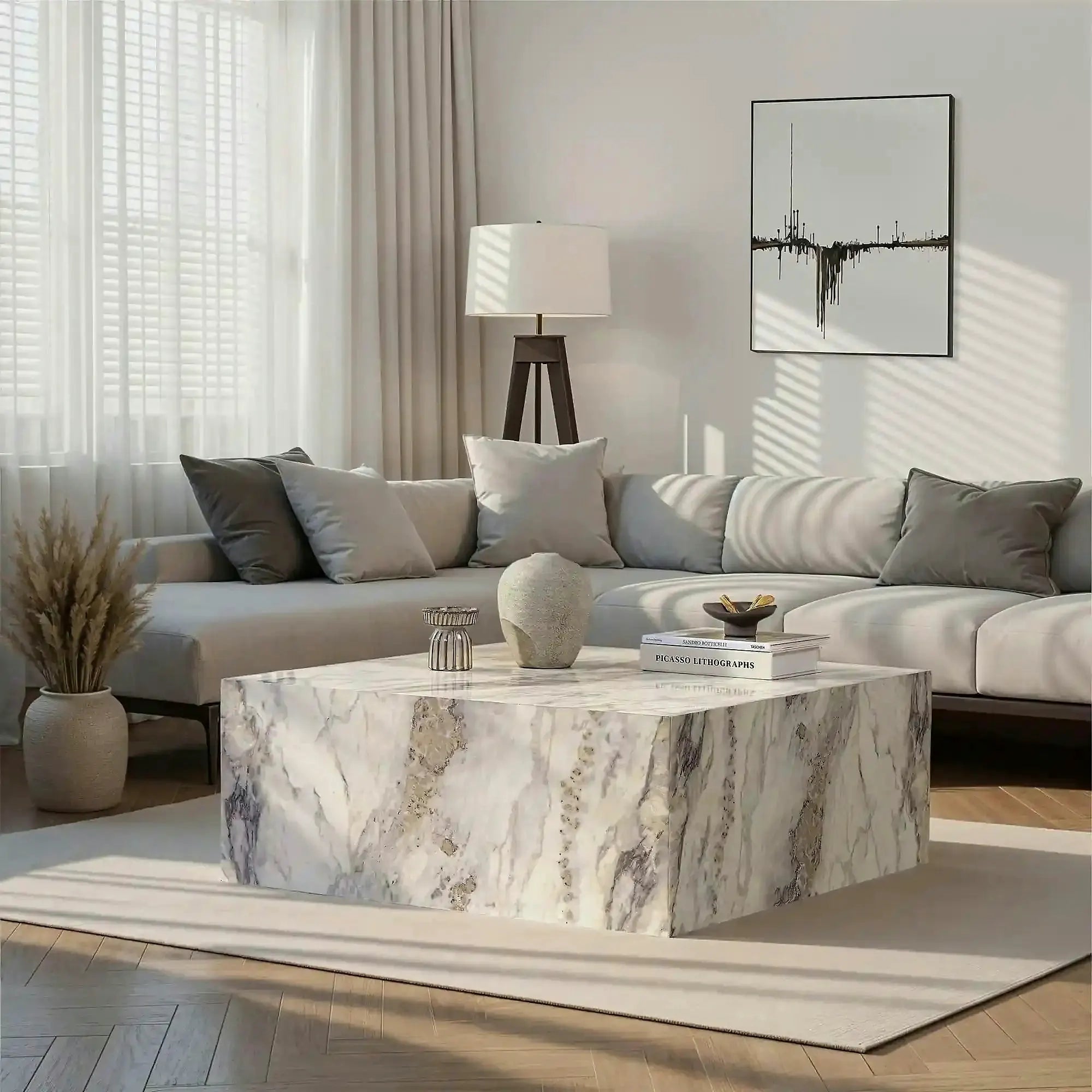 Masuta cafea PRIZMA, alb cu efect de marmura, 90x90x35 cm