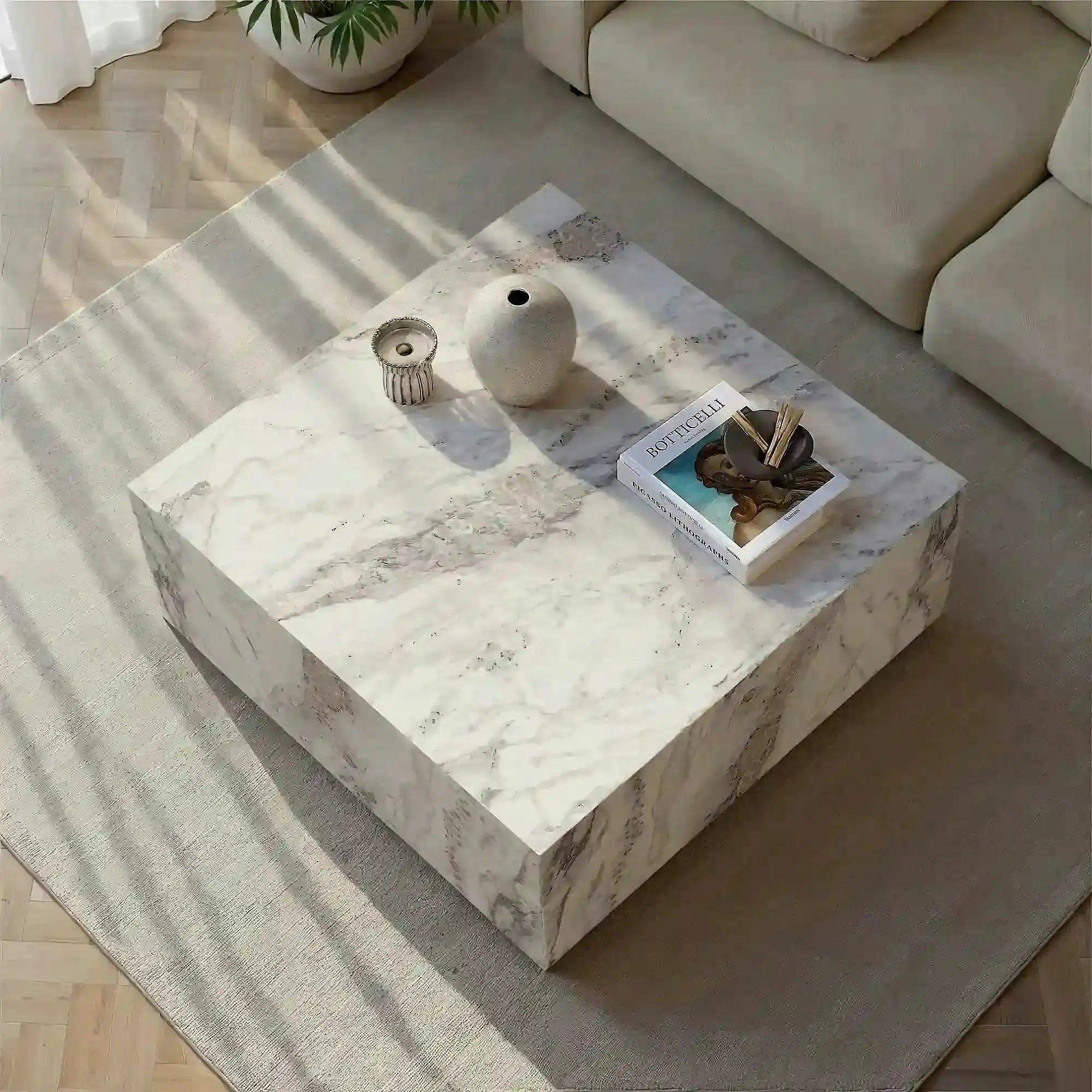 Masuta cafea PRIZMA, alb cu efect de marmura, 90x90x35 cm