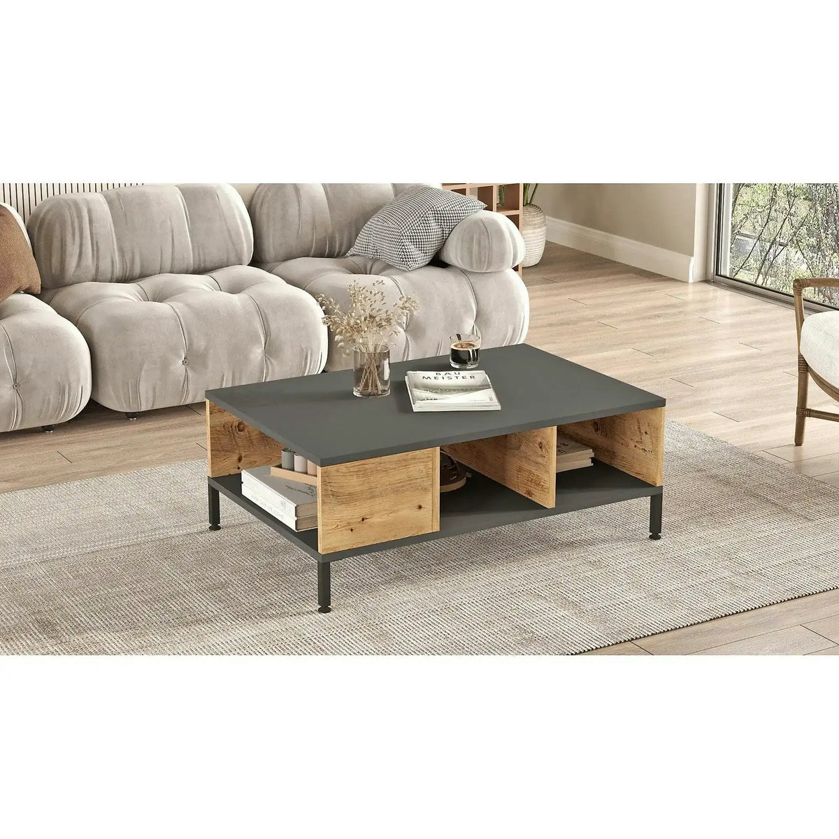 Masuta cafea RL2-AA, gri/stejar, PAL melaminat, 90x60x33 cm