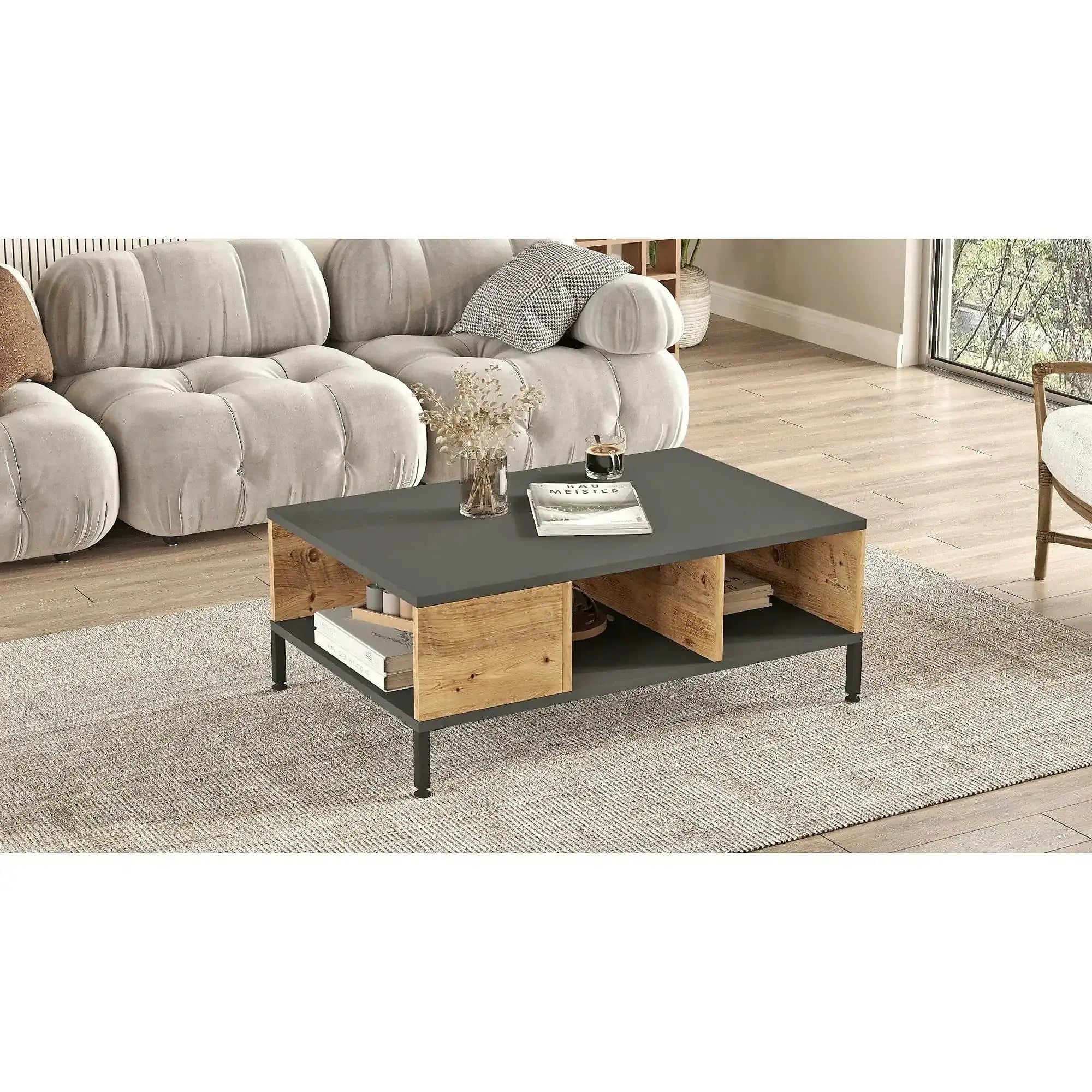 Masuta cafea RL2-AA, gri/stejar, PAL melaminat, 90x60x33 cm