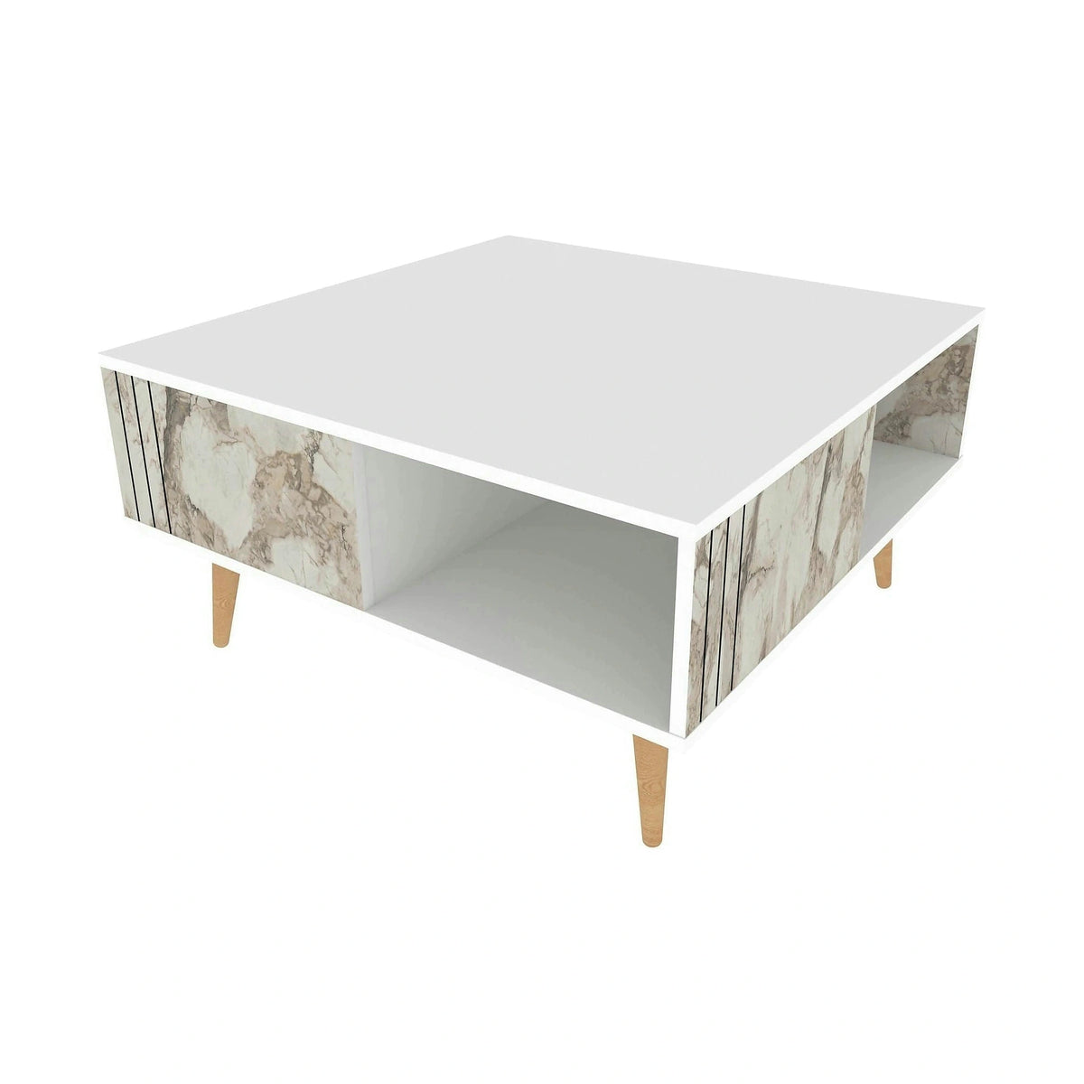 Masuta cafea Ronas, alb cu efect de marmura, PAL melaminat, 90x90x47 cm