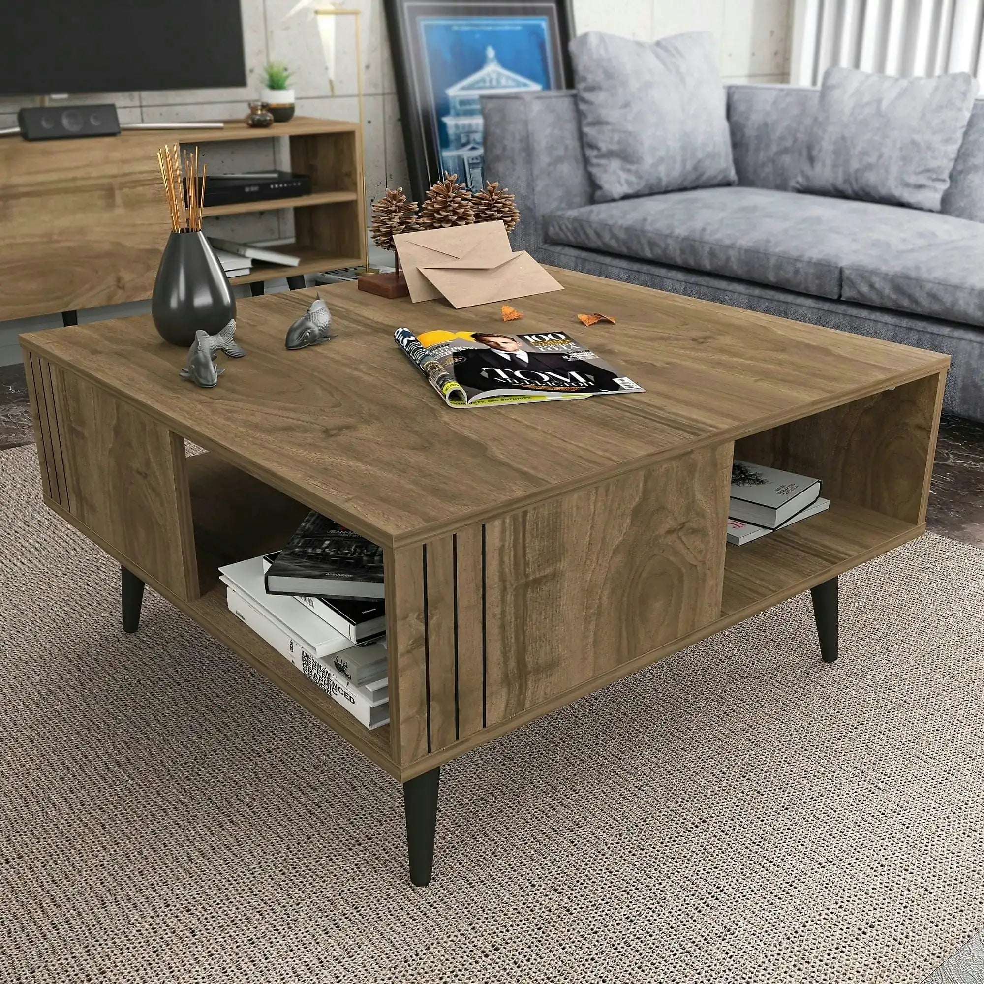 Masuta cafea Ronas, nuc, PAL melaminat, 90x90x46.5 cm