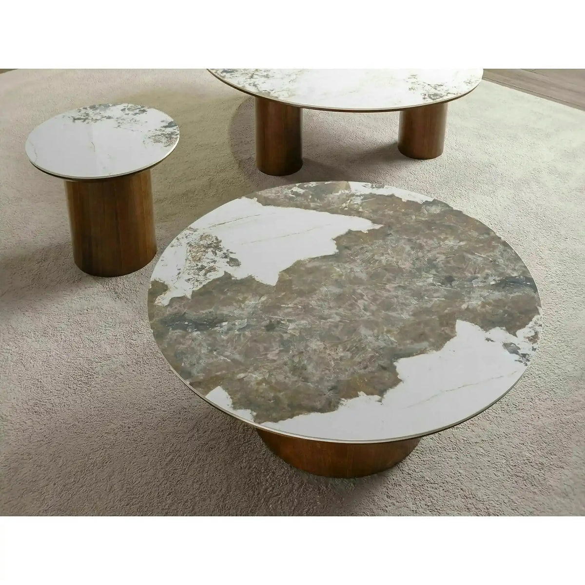 Măsuță cafea RONDO, alb lucios/nuc, ceramică/furnir/MDF, 50x50x45 cm