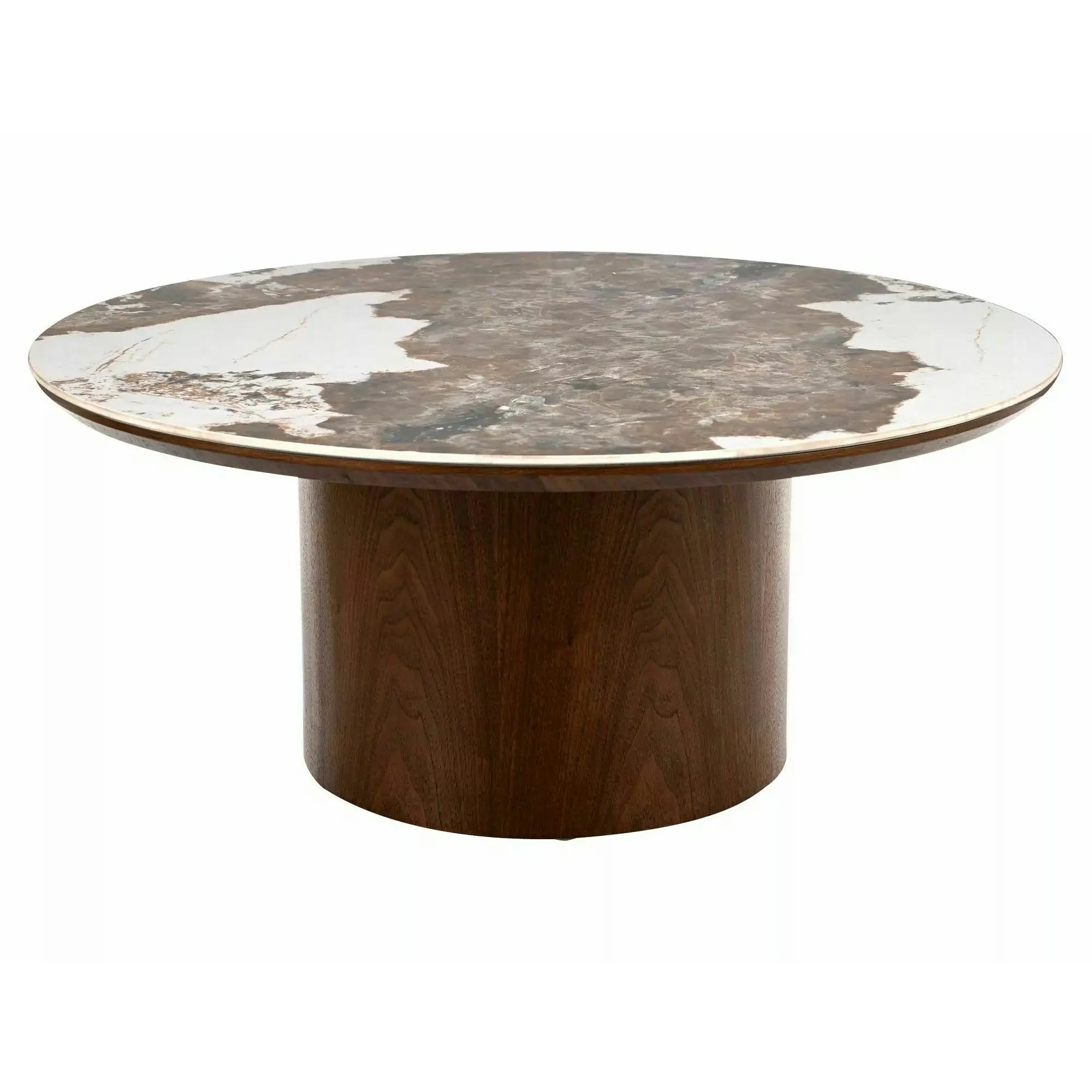 Măsuță cafea RONDO, alb lucios/nuc, ceramică/furnir/MDF, 80x80x35 cm