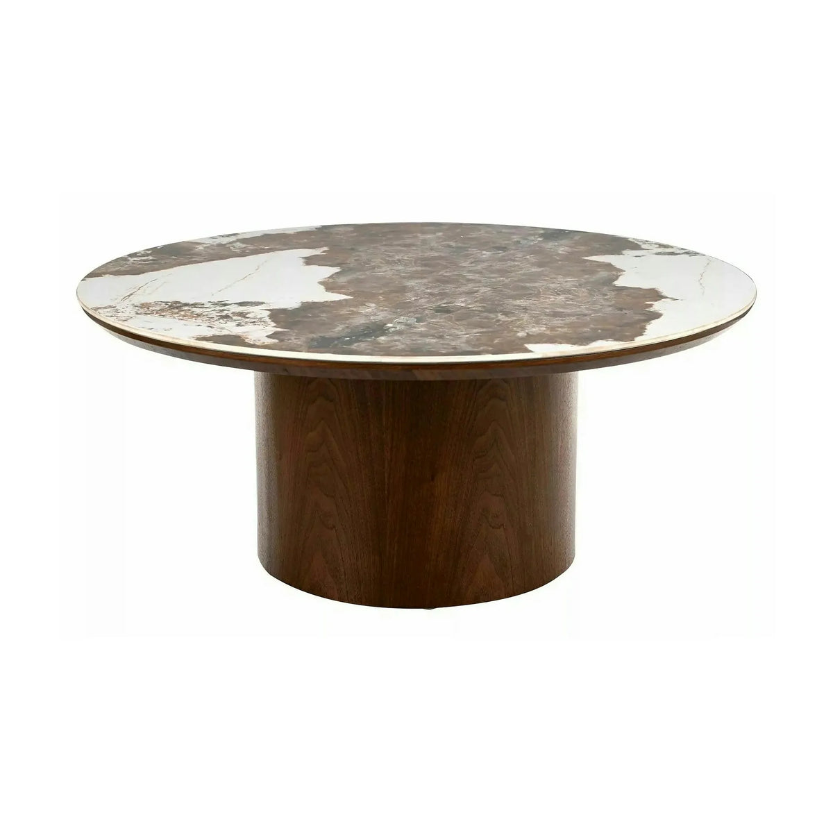 Măsuță cafea RONDO, alb lucios/nuc, ceramică/furnir/MDF, 80x80x35 cm