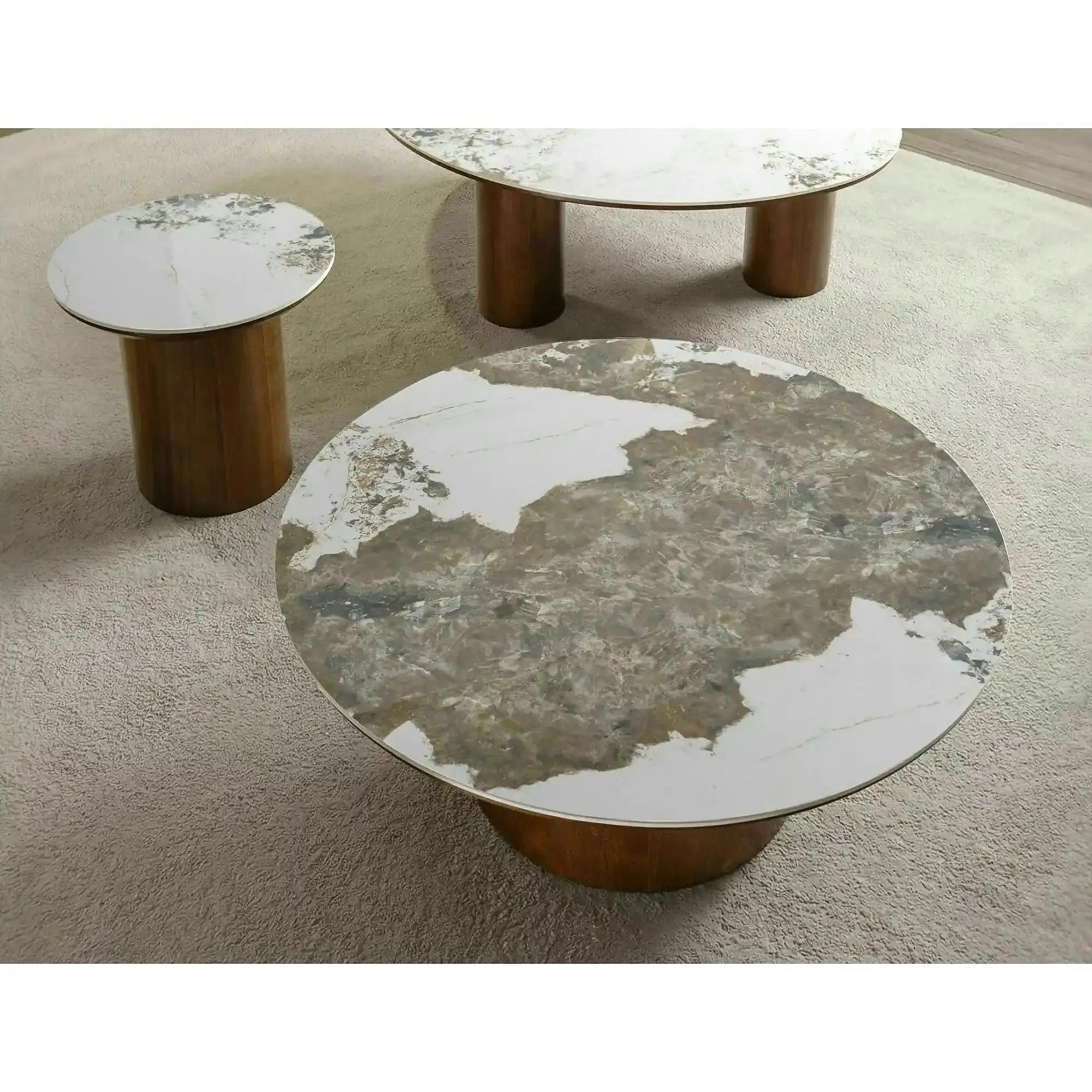 Măsuță cafea RONDO, alb lucios/nuc, ceramică/furnir/MDF, 80x80x35 cm