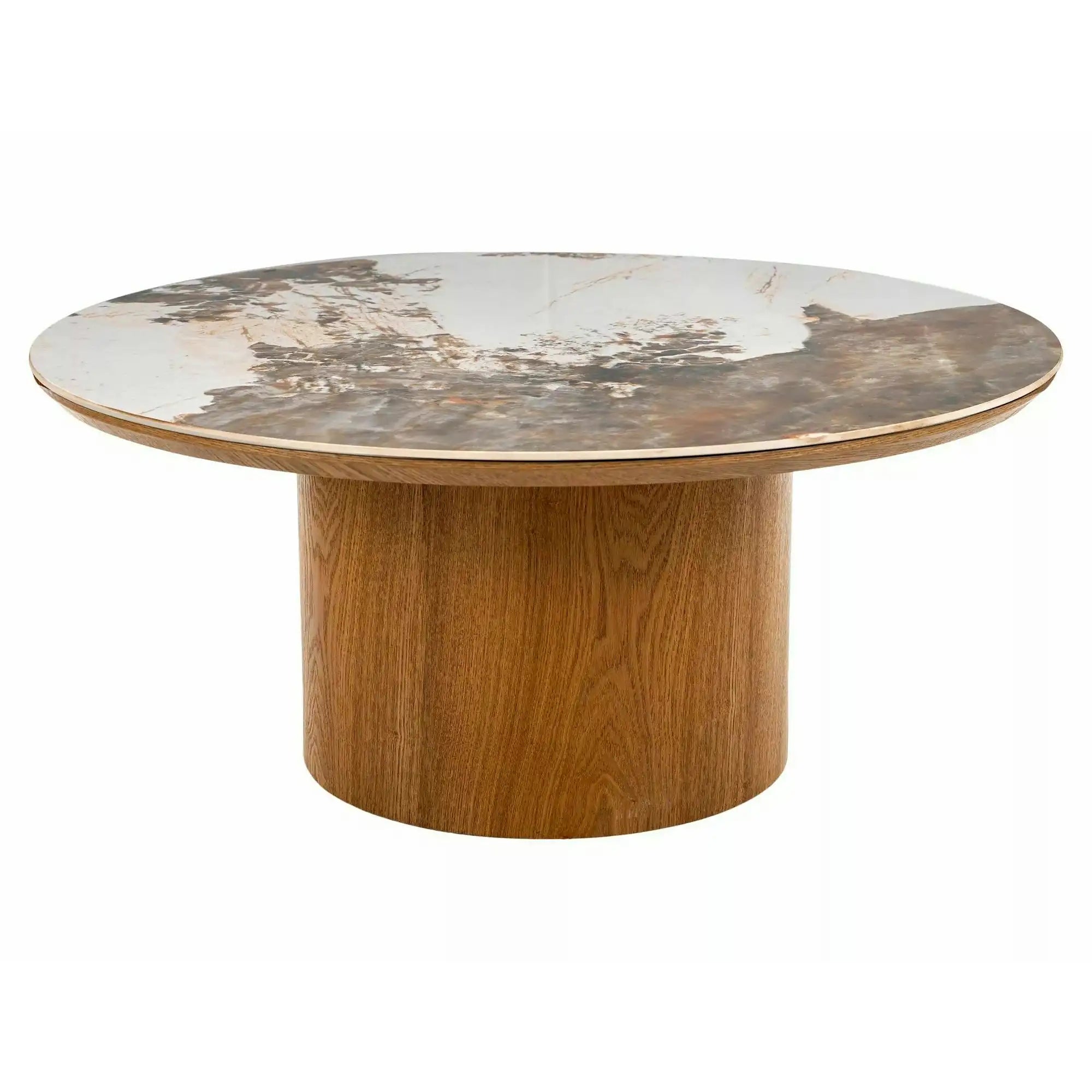Măsuță cafea RONDO, alb lucios/stejar, ceramică/furnir/MDF, 80x80x35 cm