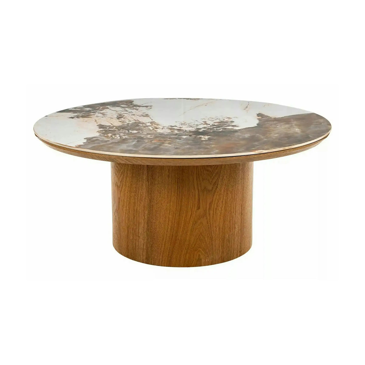 Măsuță cafea RONDO, alb lucios/stejar, ceramică/furnir/MDF, 80x80x35 cm