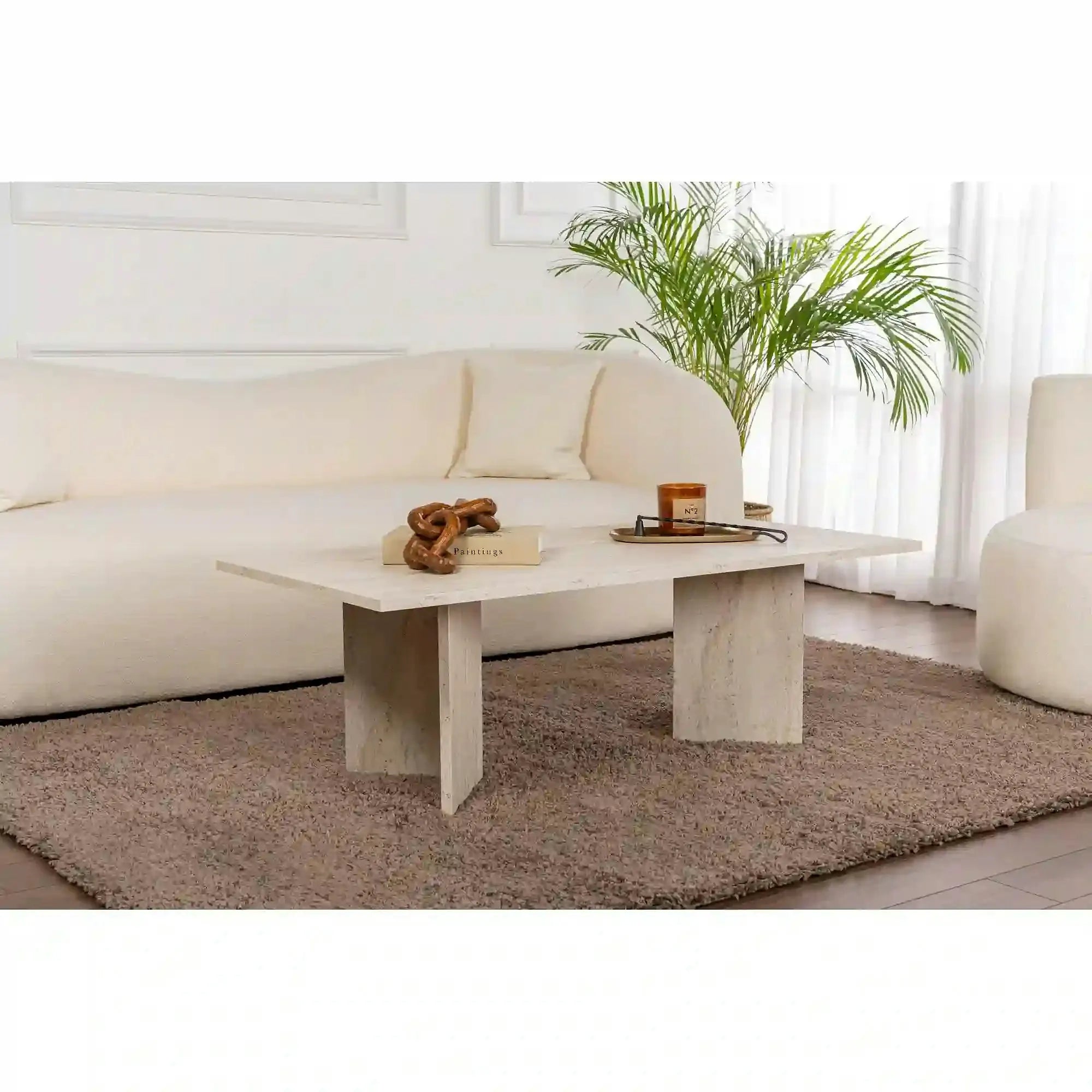 Masuta cafea SABIN, bej cu efect de piatra travertin, PAL, 119x60x40 cm