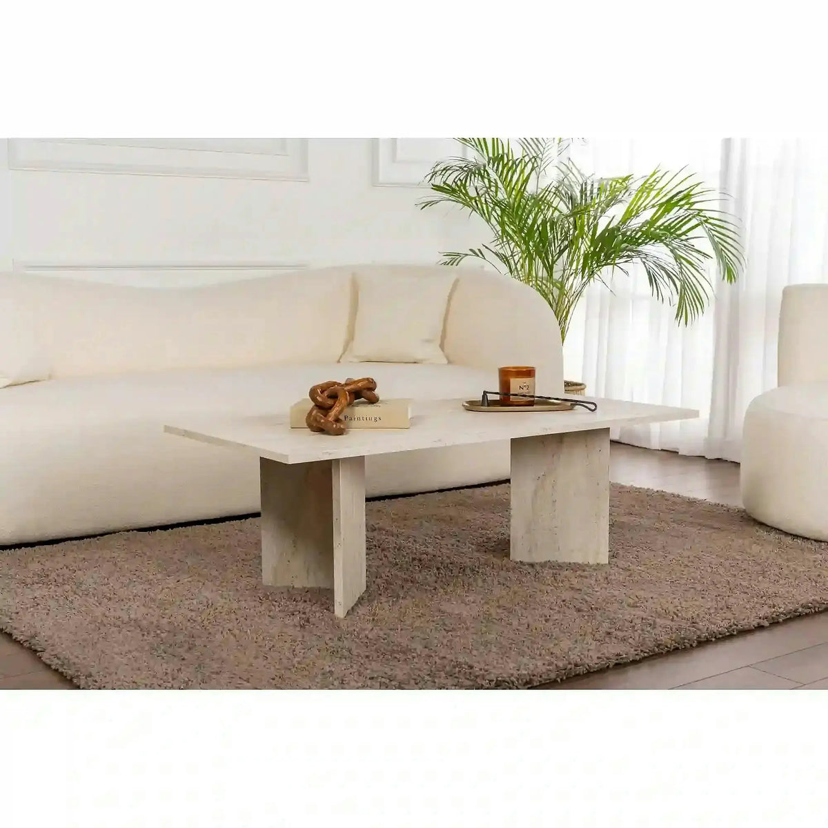 Masuta cafea SABIN, bej cu efect de piatra travertin, PAL, 119x60x40 cm