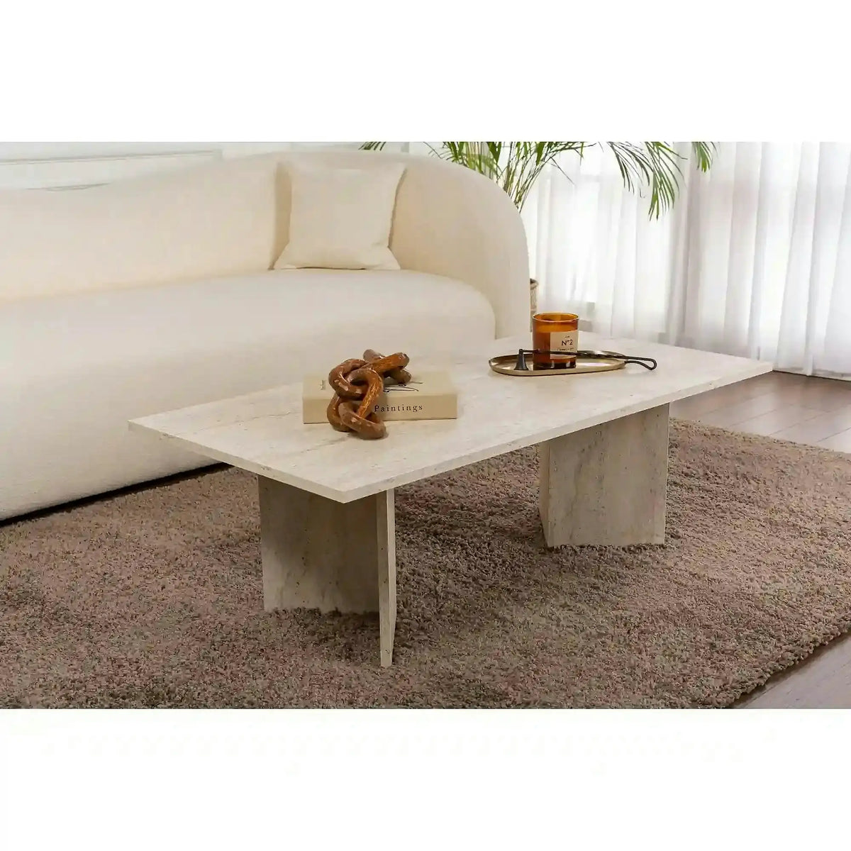 Masuta cafea SABIN, bej cu efect de piatra travertin, PAL, 119x60x40 cm