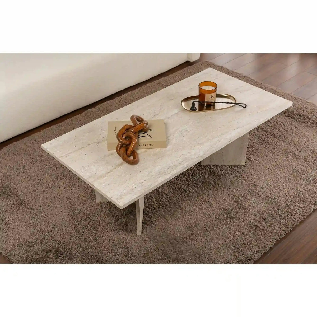 Masuta cafea SABIN, bej cu efect de piatra travertin, PAL, 119x60x40 cm