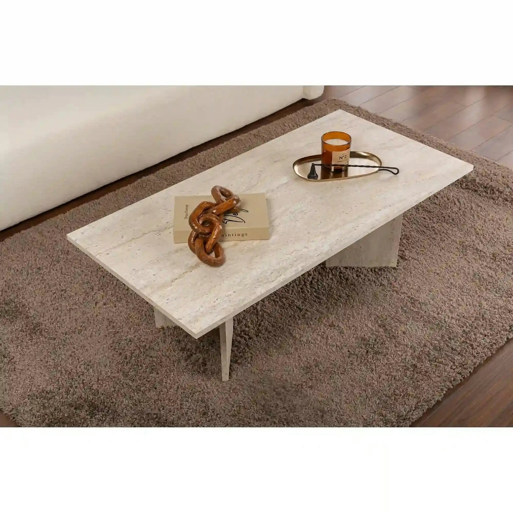 Masuta cafea SABIN, bej cu efect de piatra travertin, PAL, 119x60x40 cm