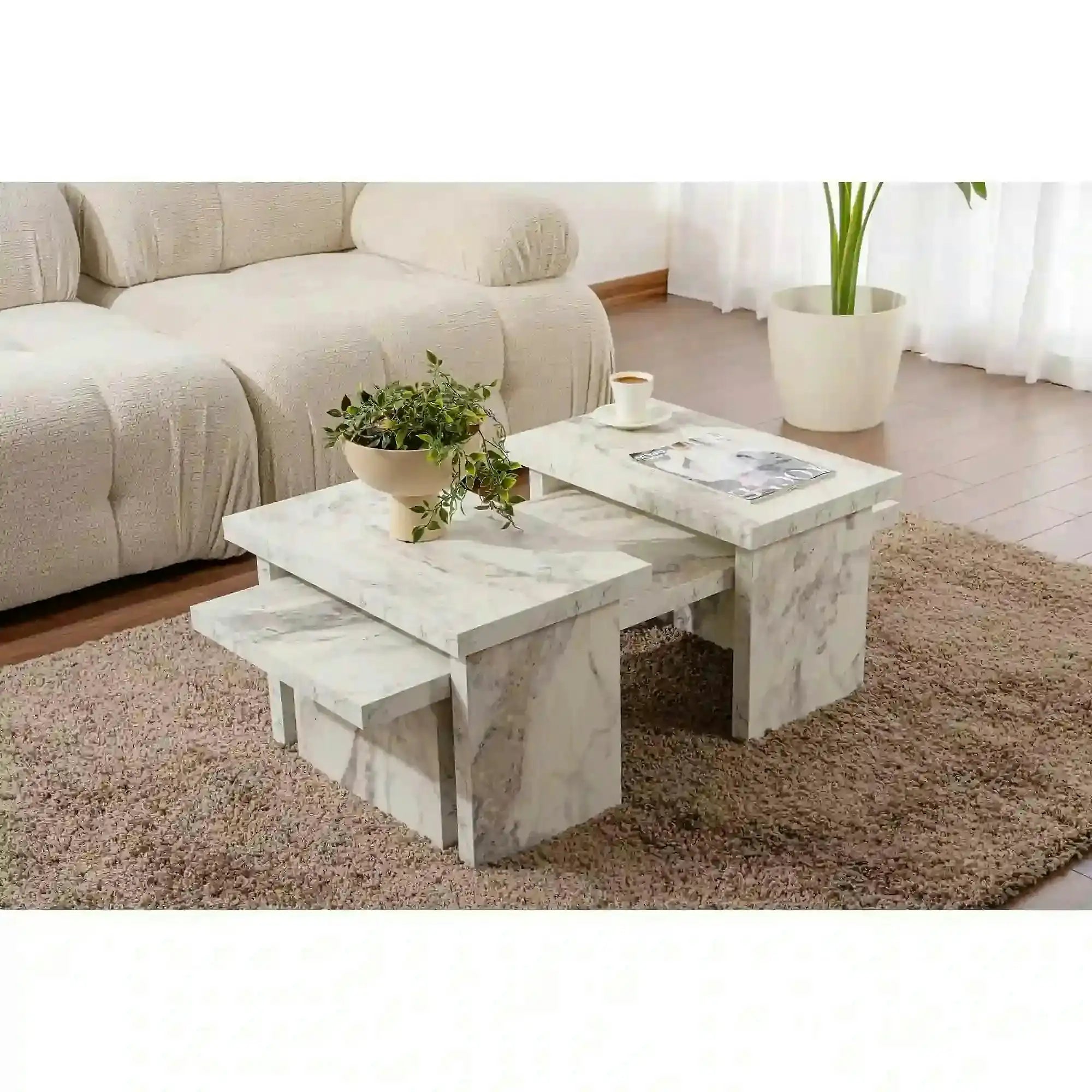 Masuta cafea SANCTUARY, alb cu efect de marmura, PAL, 110x45x30 cm