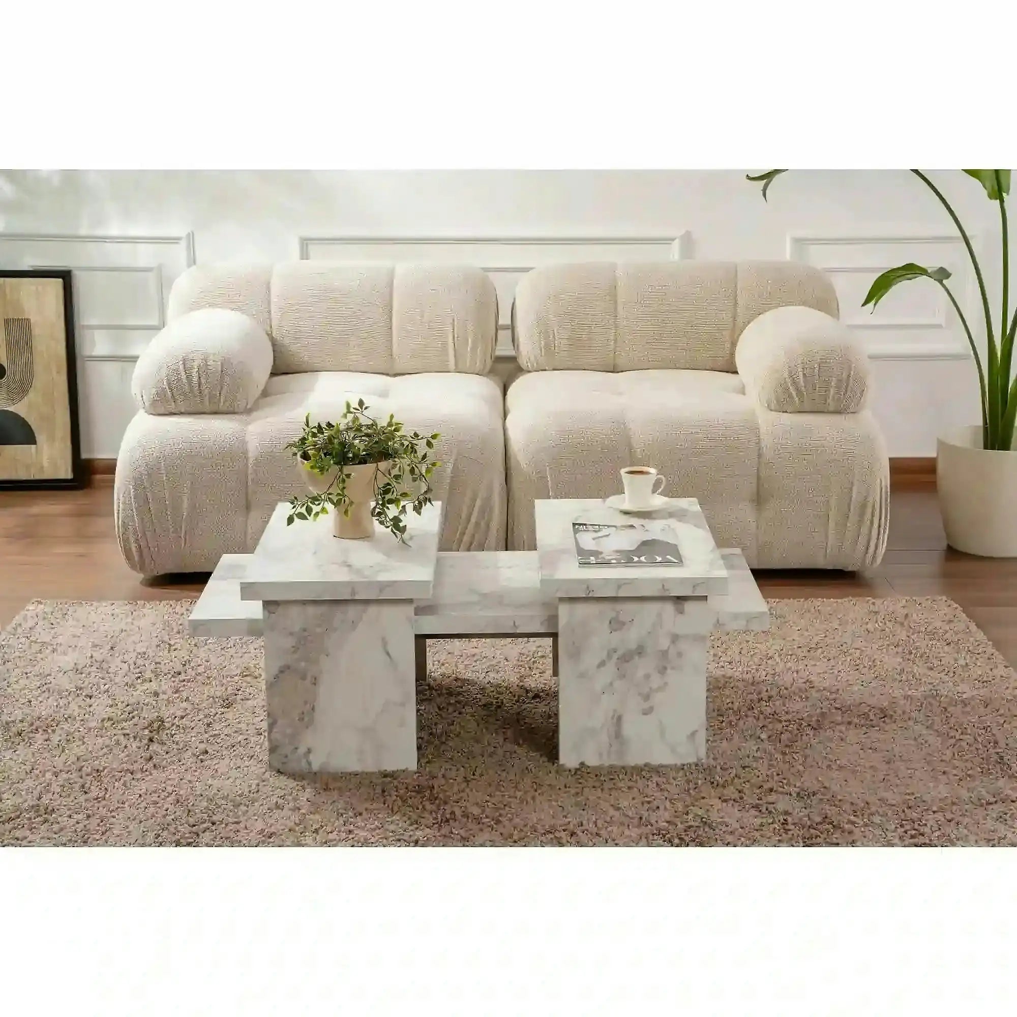 Masuta cafea SANCTUARY, alb cu efect de marmura, PAL, 110x45x30 cm