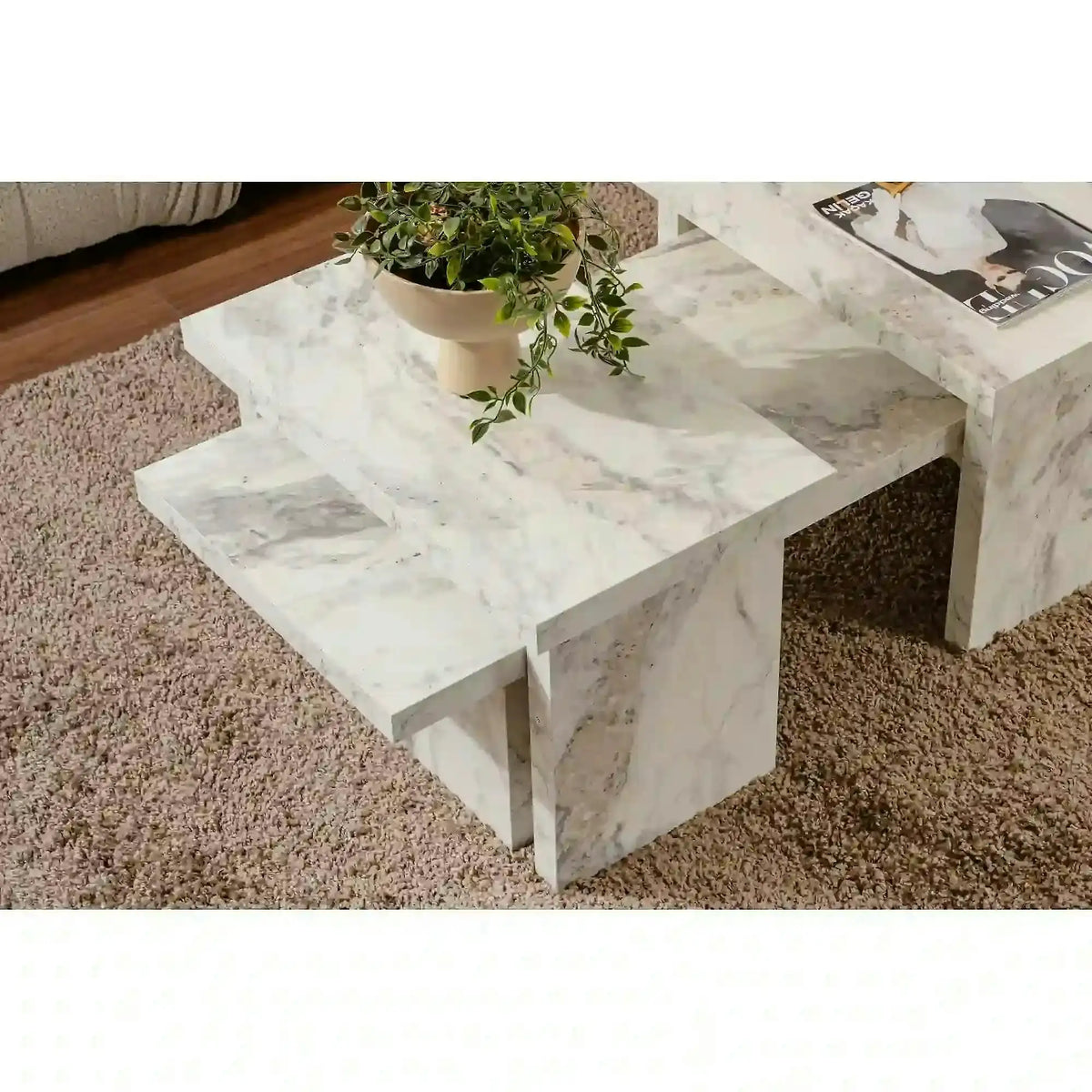 Masuta cafea SANCTUARY, alb cu efect de marmura, PAL, 110x45x30 cm