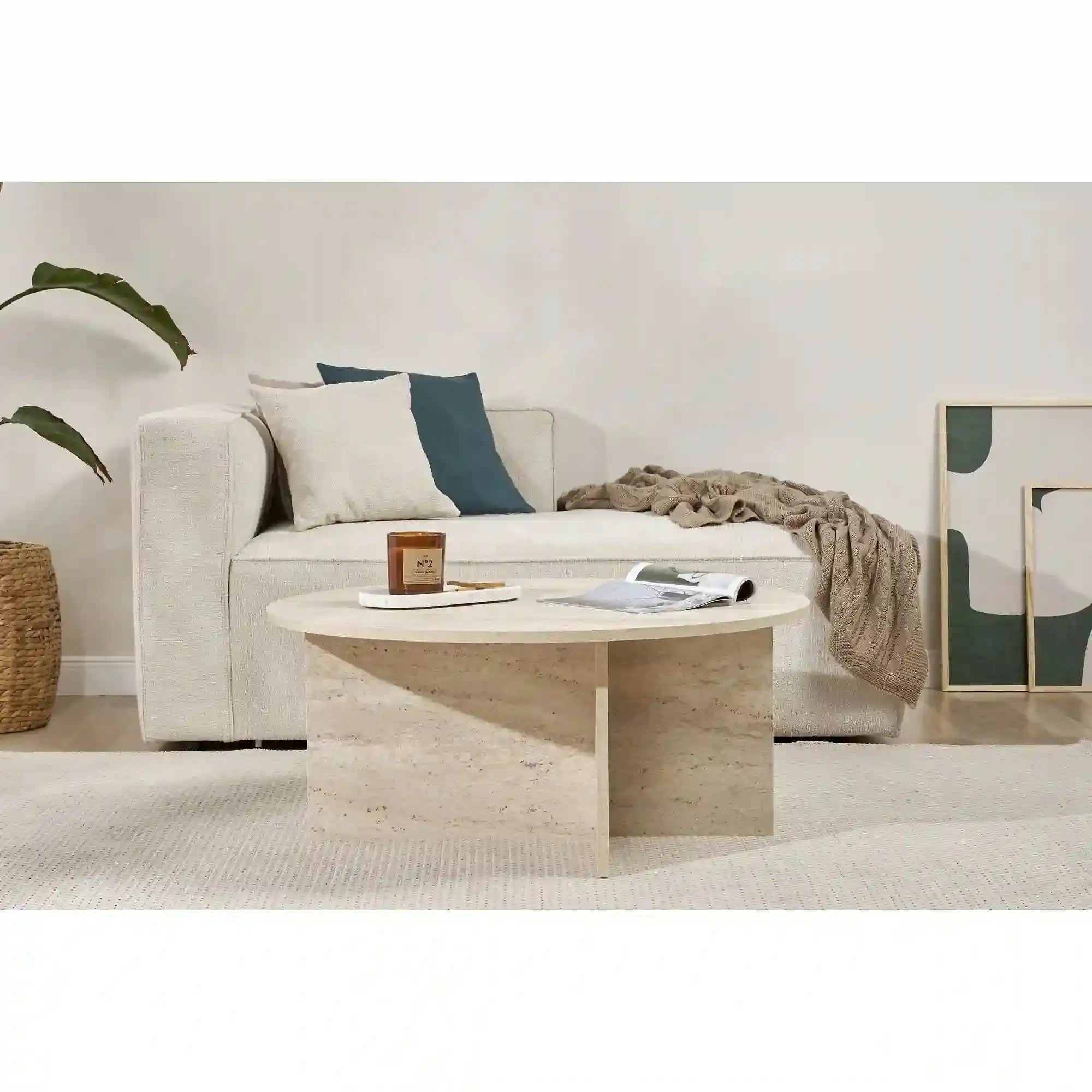 Masuta cafea SOLEIL, bej cu efect de piatra travertin, PAL melaminat, 90x90x40 cm