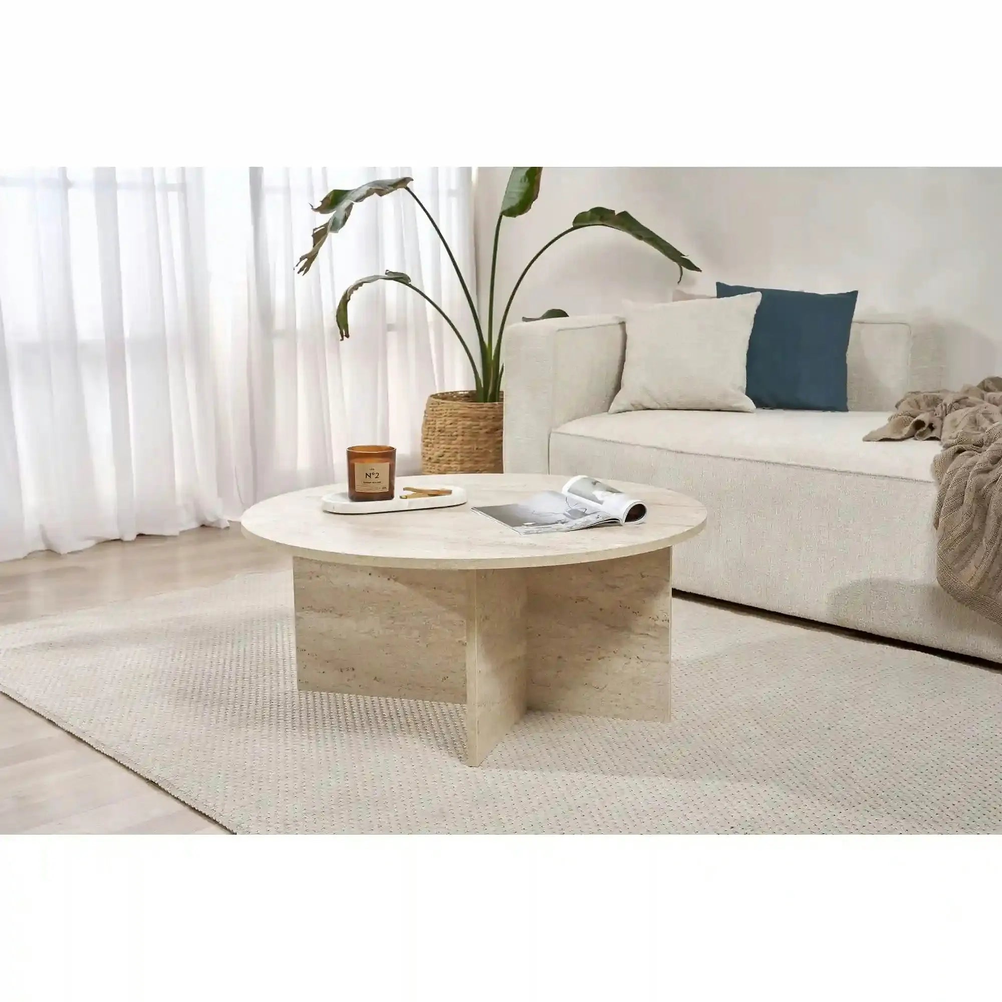 Masuta cafea SOLEIL, bej cu efect de piatra travertin, PAL melaminat, 90x90x40 cm