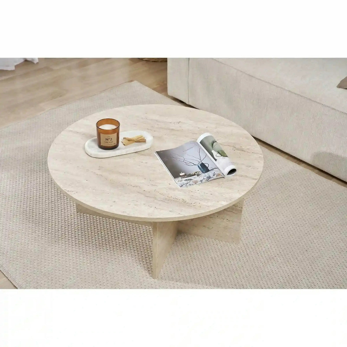Masuta cafea SOLEIL, bej cu efect de piatra travertin, PAL melaminat, 90x90x40 cm