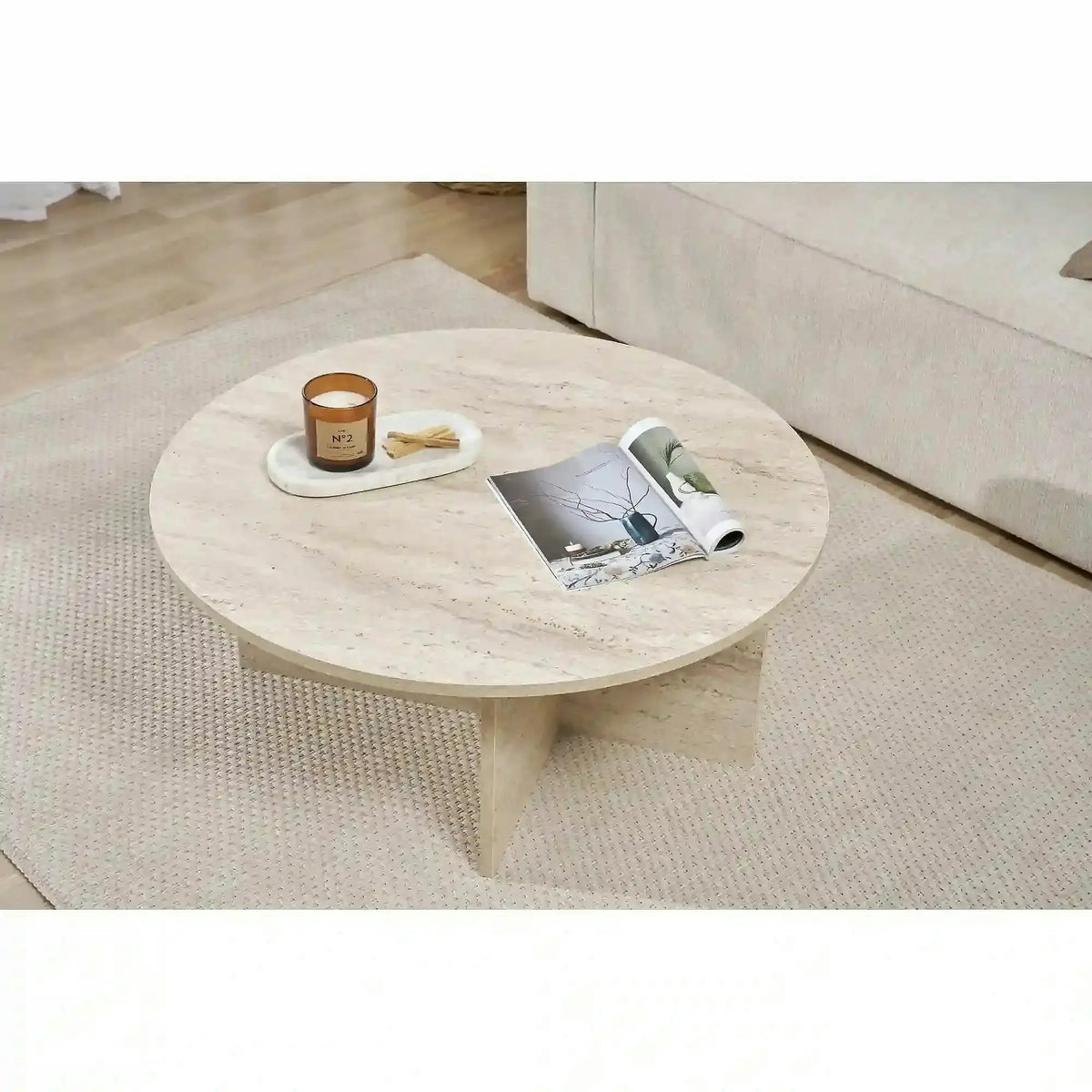 Masuta cafea SOLEIL, bej cu efect de piatra travertin, PAL melaminat, 90x90x40 cm