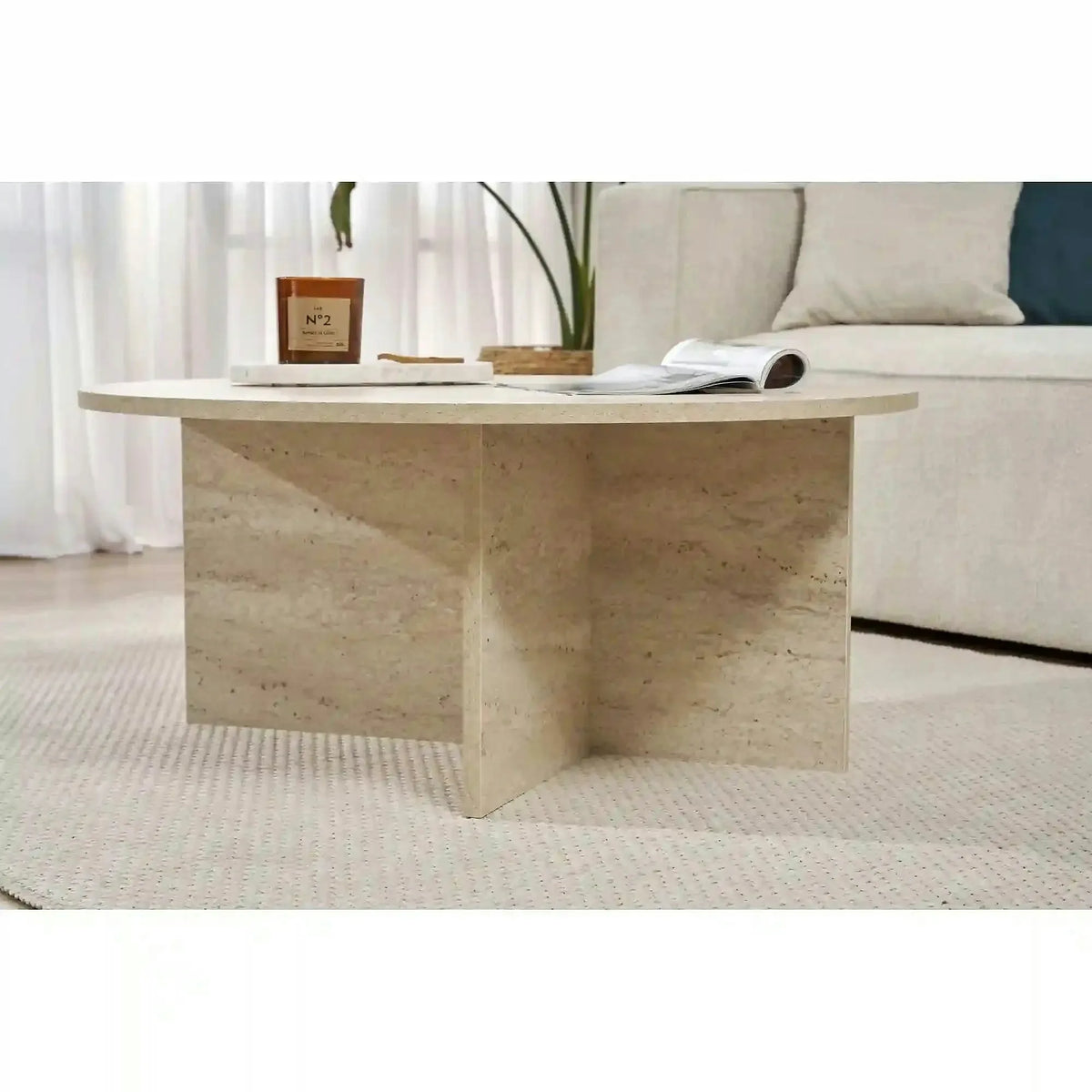 Masuta cafea SOLEIL, bej cu efect de piatra travertin, PAL melaminat, 90x90x40 cm