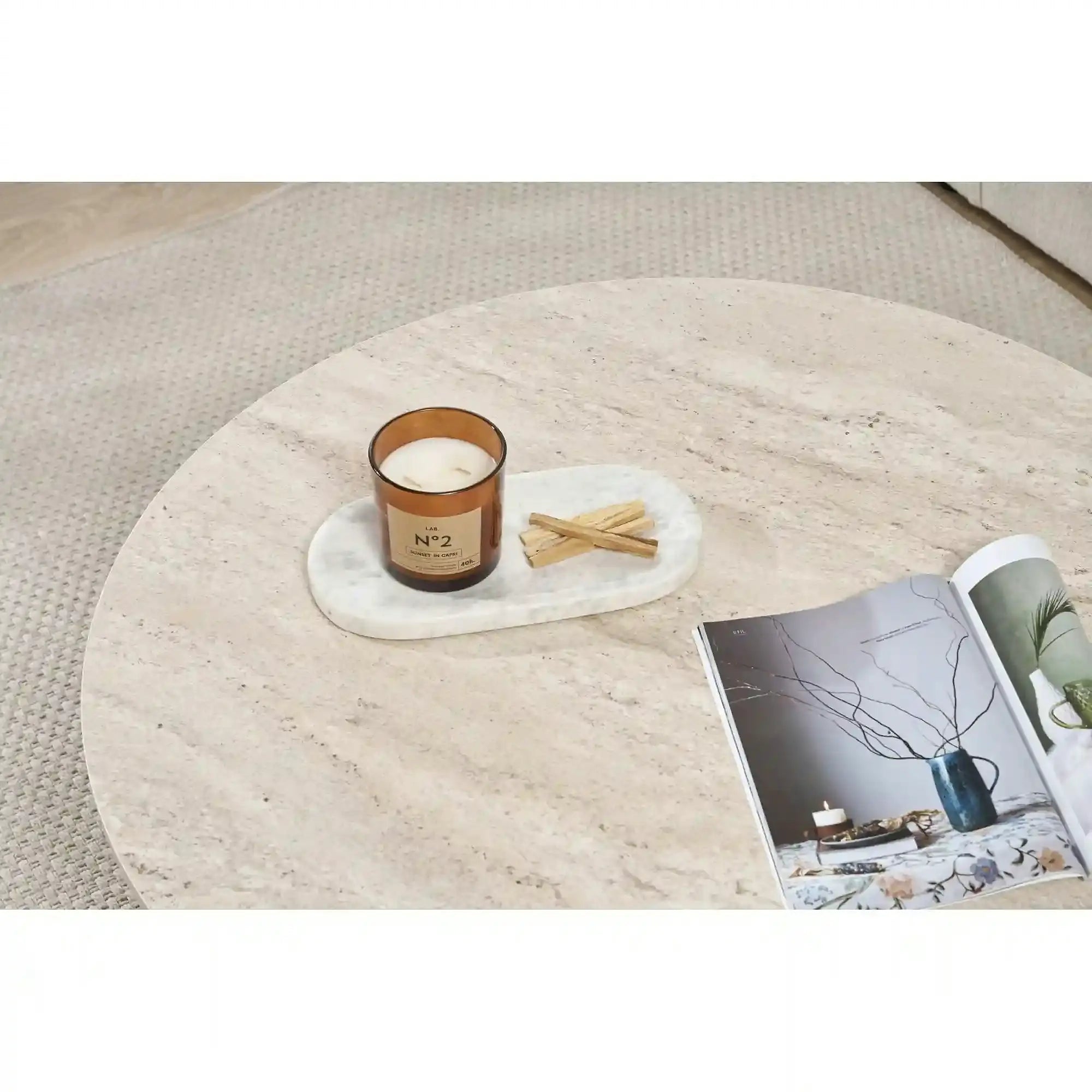 Masuta cafea SOLEIL, bej cu efect de piatra travertin, PAL melaminat, 90x90x40 cm