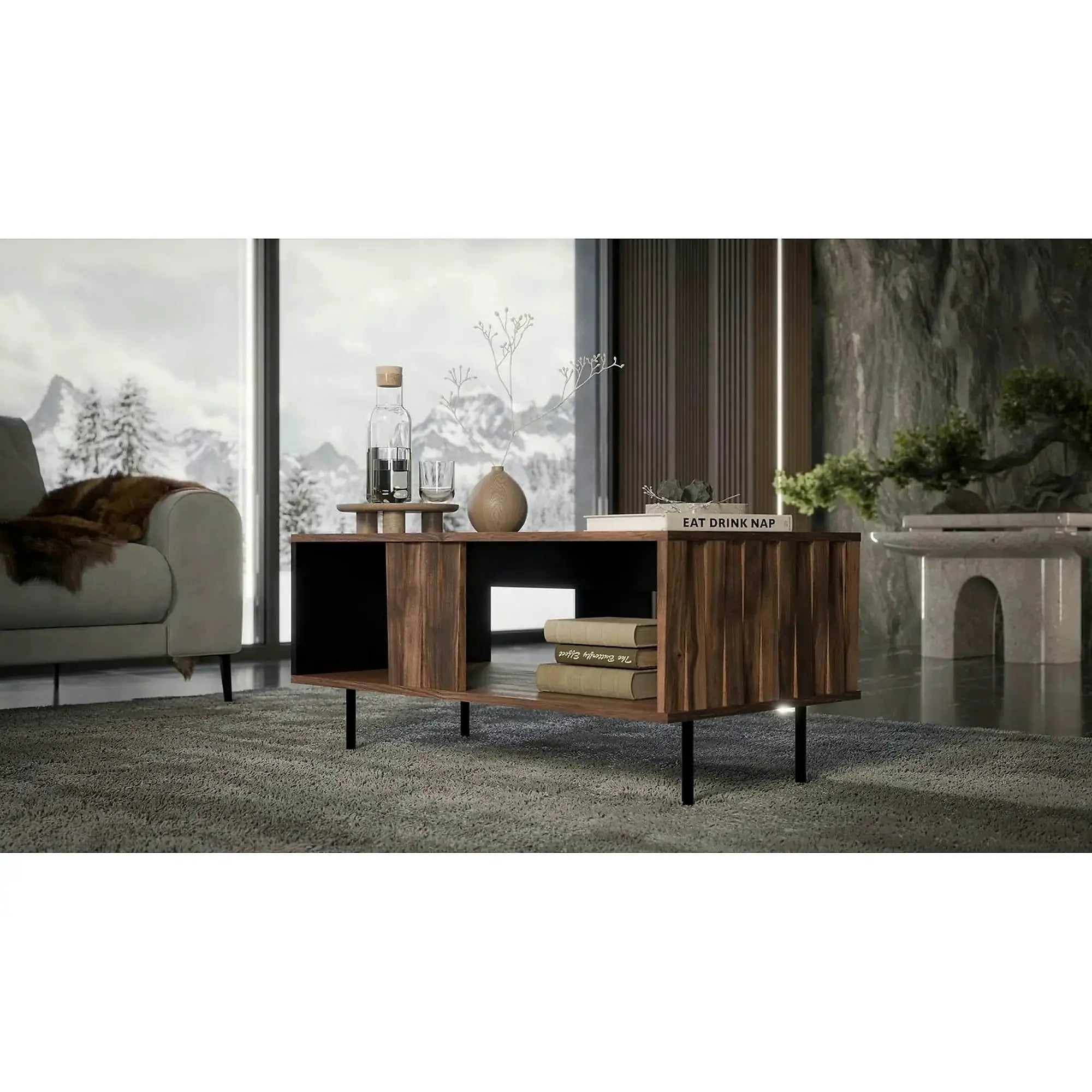 Masuta cafea SWING LAW-1, nuc/negru, PAL laminat/otel, 100x54x45 cm