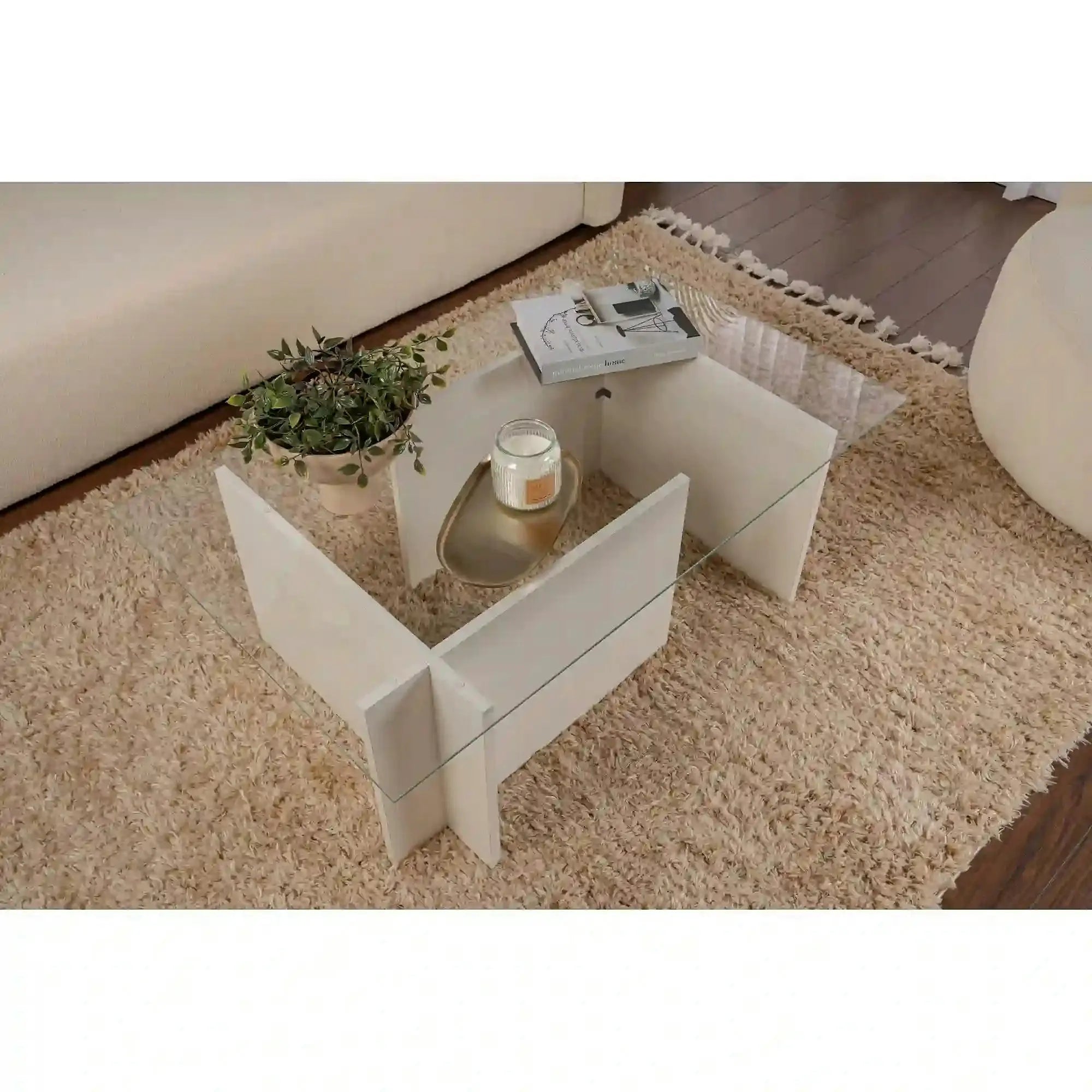 Masuta cafea VETRINO, alb/transparent, sticla/PAL, 105x65x40 cm
