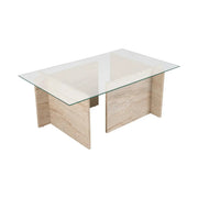 Masuta cafea VETRINO, bej cu efect de piatra travertin/transparent, sticla/PAL, 105x65x40 cm