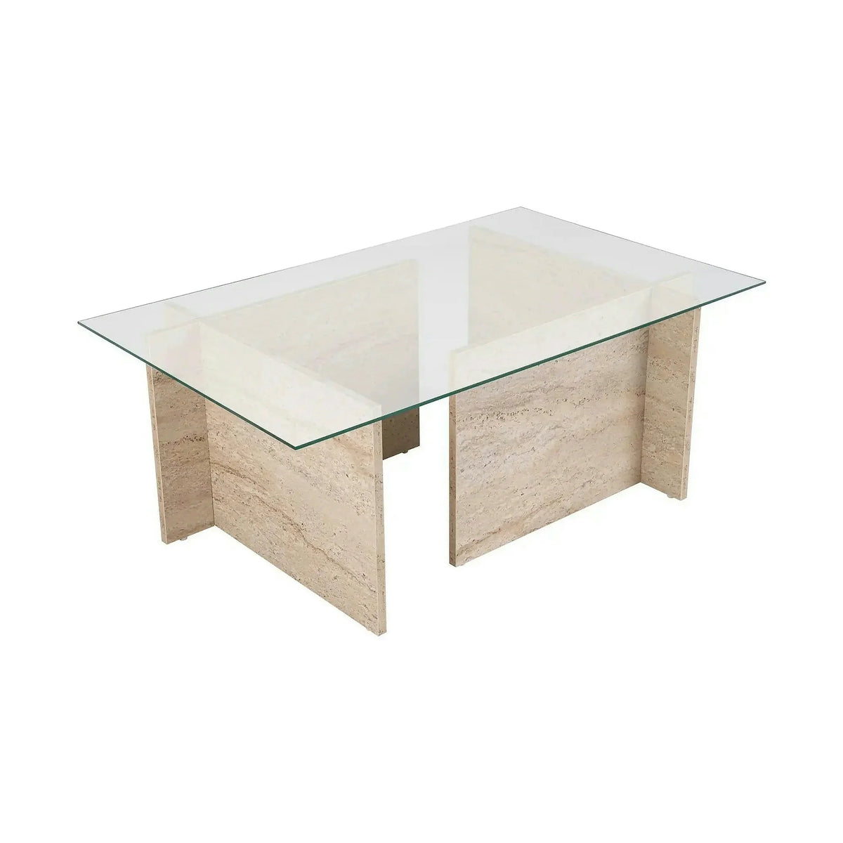 Masuta cafea VETRINO, bej cu efect de piatra travertin/transparent, sticla/PAL, 105x65x40 cm