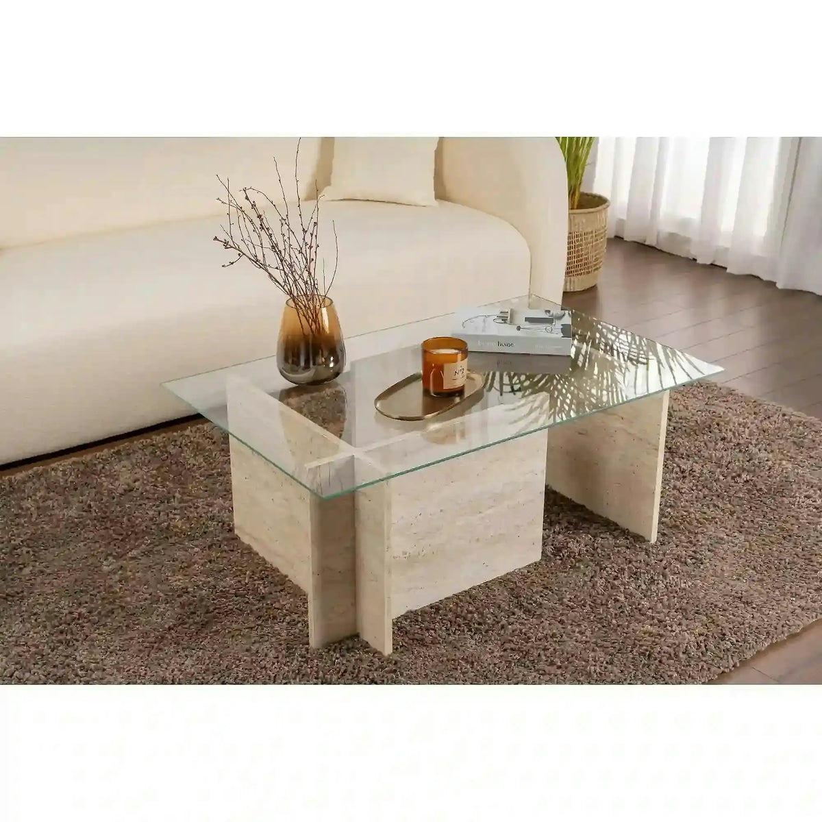 Masuta cafea VETRINO, bej cu efect de piatra travertin/transparent, sticla/PAL, 105x65x40 cm