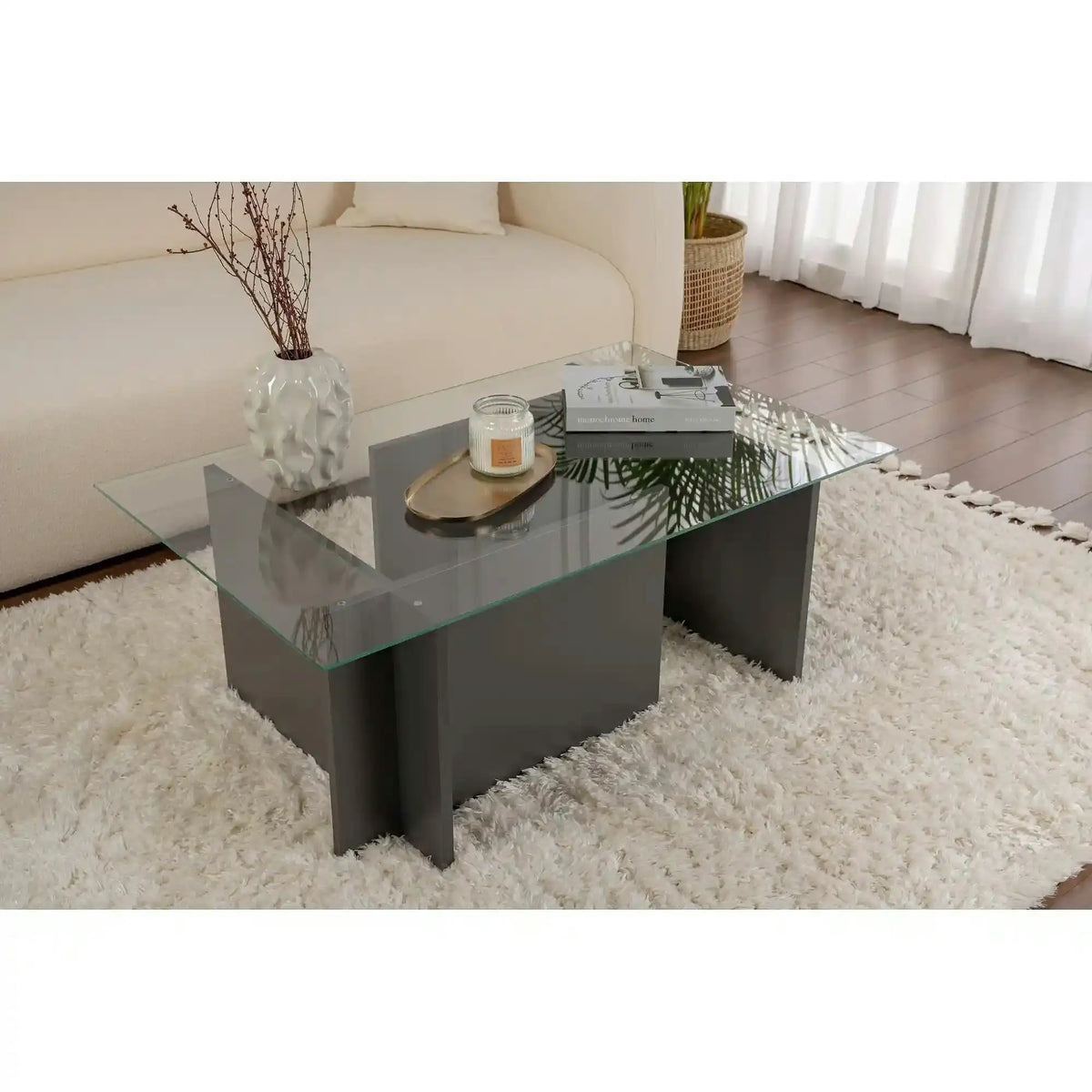 Masuta cafea VETRINO, gri antracit/transparent, sticla/PAL, 105x65x40 cm