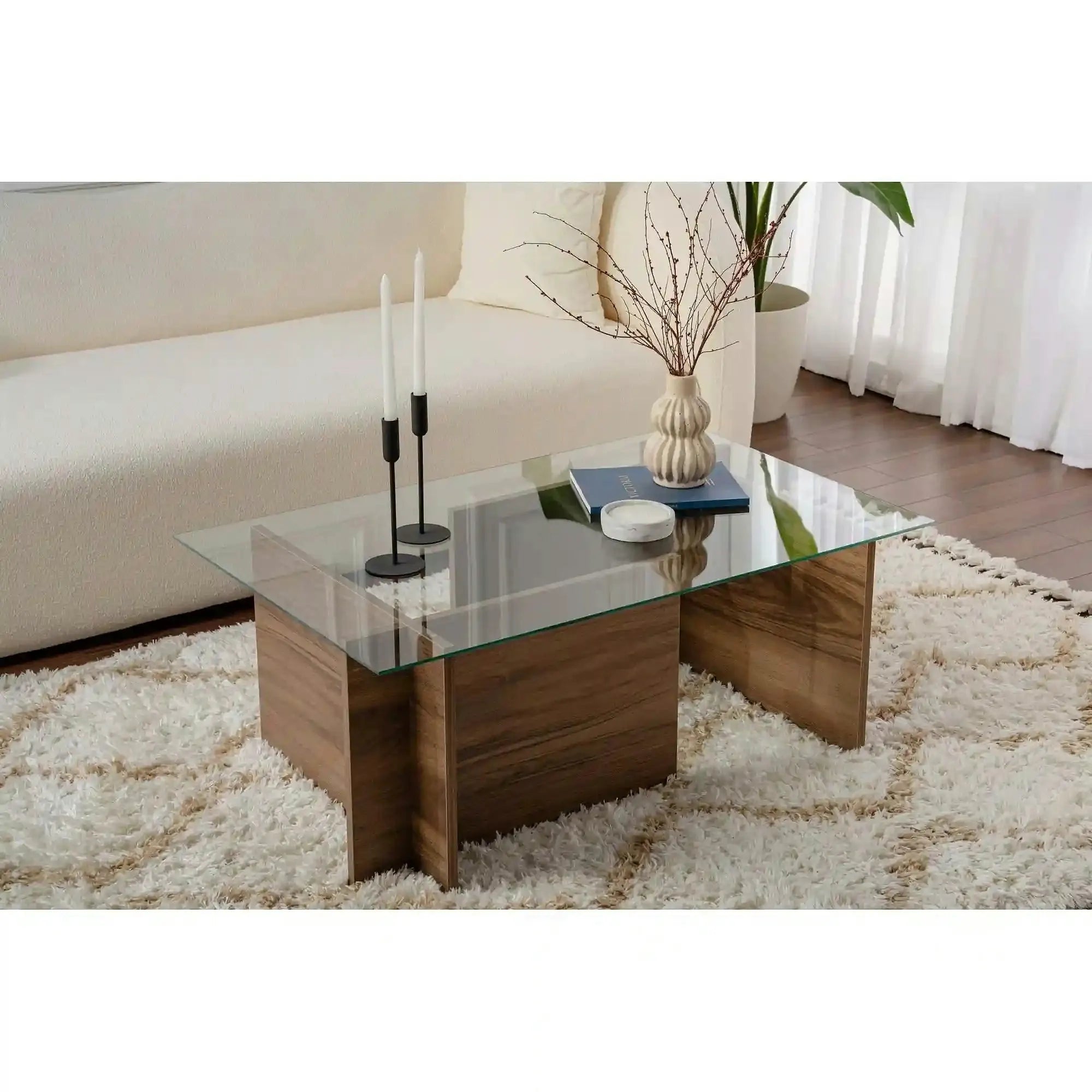 Masuta cafea VETRINO, nuc/transparent, sticla/PAL, 105x65x40 cm