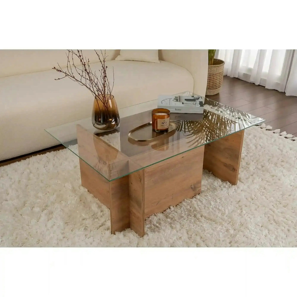 Masuta cafea VETRINO, pin/transparent, sticla/PAL, 105x65x40 cm