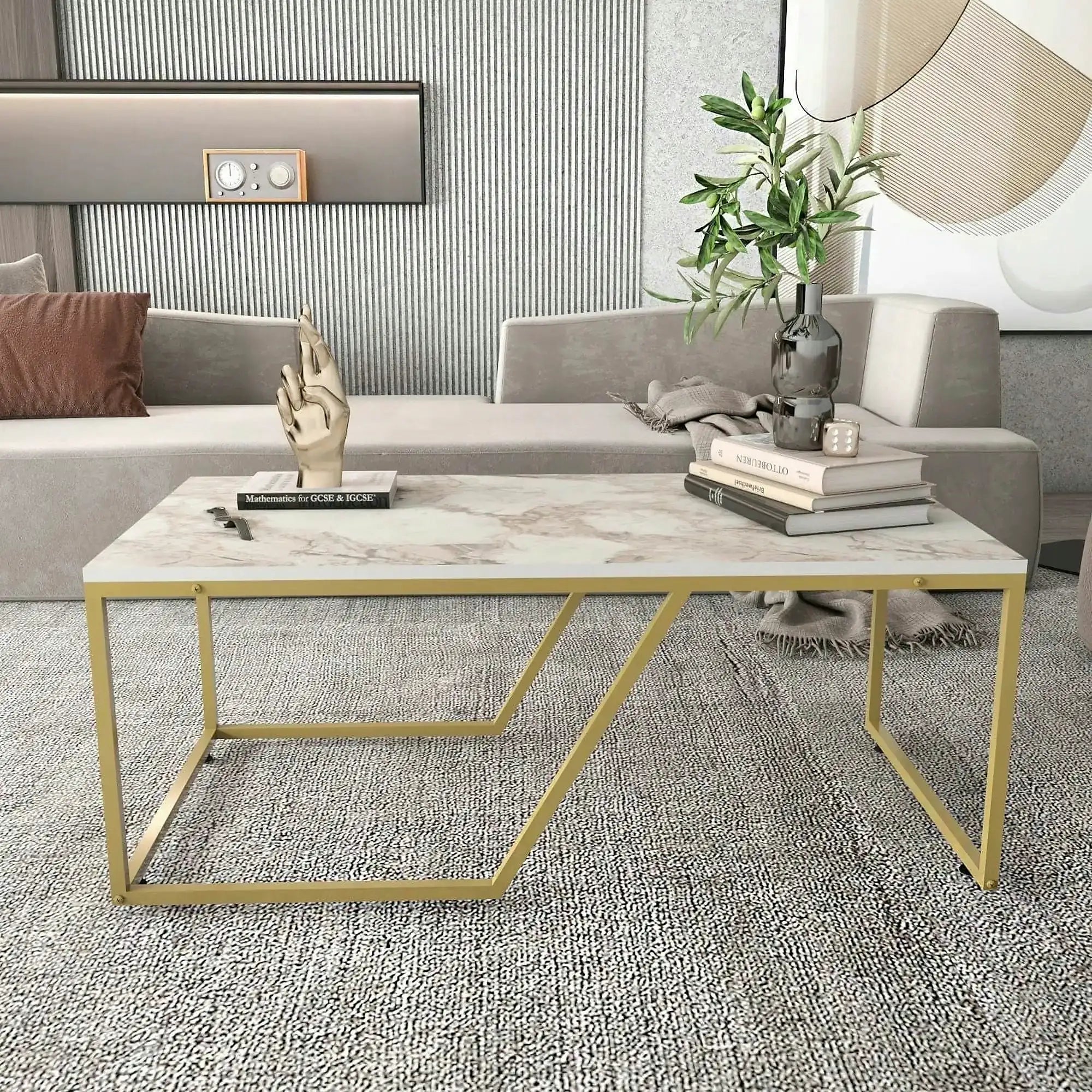 Masuta cafea Wendy, alb cu efect de marmura/auriu, PAL melaminat, 120x60x48 cm