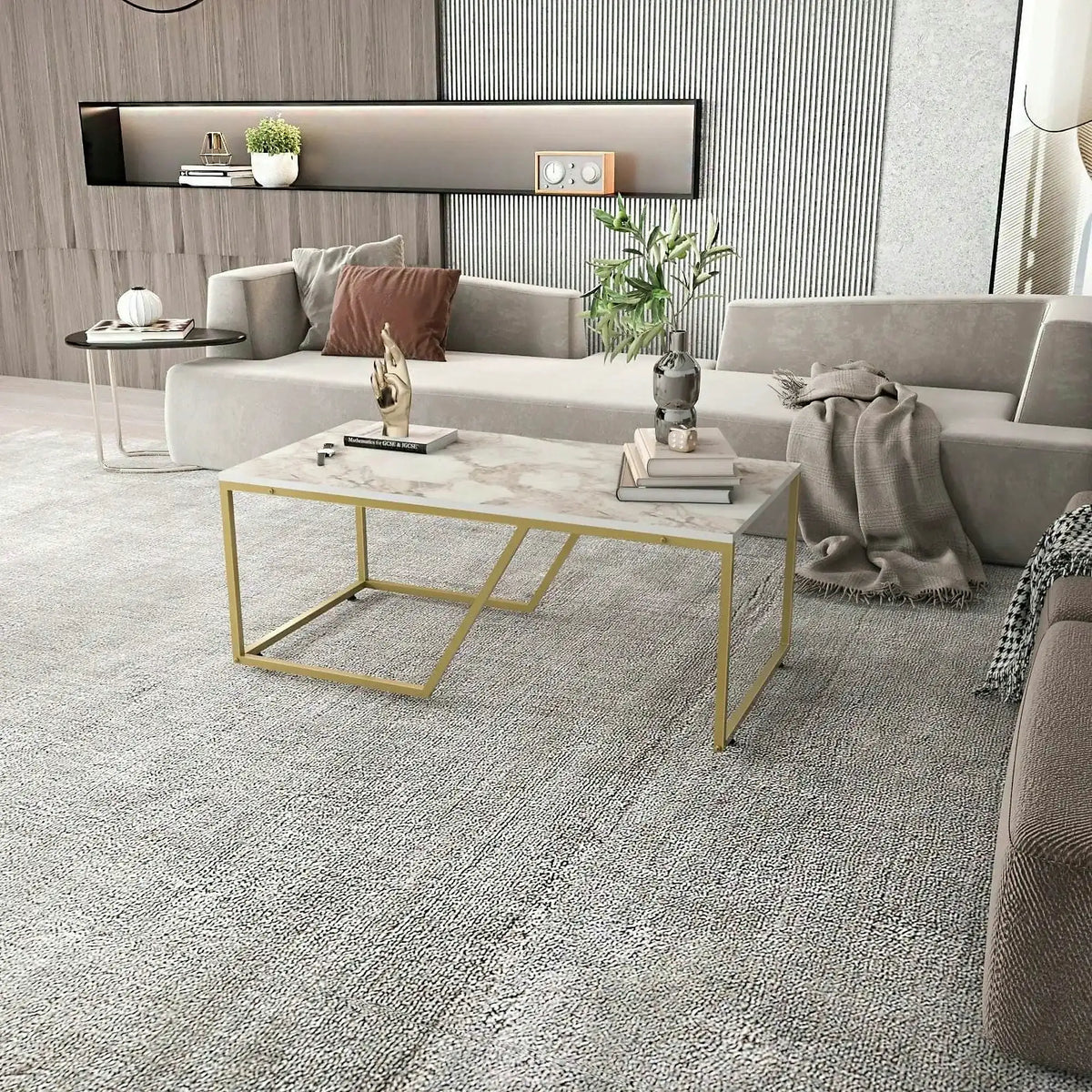 Masuta cafea Wendy, alb cu efect de marmura/auriu, PAL melaminat, 120x60x48 cm