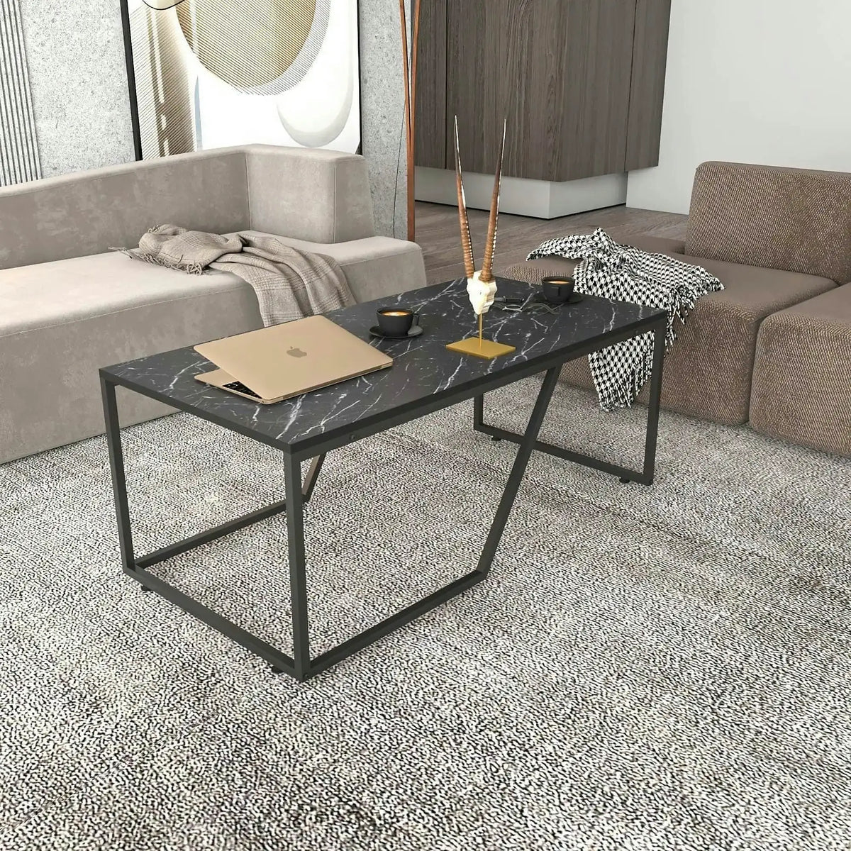 Masuta cafea Wendy, negru cu efect de marmura, PAL melaminat, 120x60x48 cm